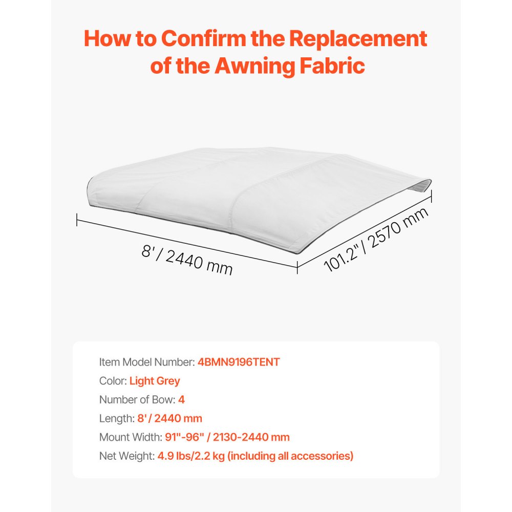 VEVOR Bimini Top Wymienny Pokrowiec na Łódź Osłona przeciwsłoneczna (4 Łuki) Wykonany z Poliestru 600D, Wodoodporny Markiza przeciwsłoneczna do Łodzi z Torbą do przechowywania (Bez Drążka podporowego) 231-244 cm Jasnoszary
