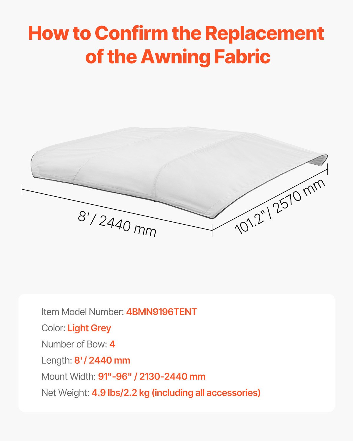 VEVOR Bimini Top Wymienny Pokrowiec na Łódź Osłona przeciwsłoneczna (4 Łuki) Wykonany z Poliestru 600D, Wodoodporny Markiza przeciwsłoneczna do Łodzi z Torbą do przechowywania (Bez Drążka podporowego) 231-244 cm Jasnoszary