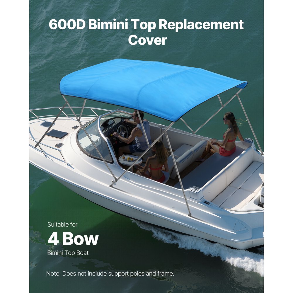 VEVOR Bimini Top Replacement Boat Cover Sunshade (4 arches) made of 600D polyester, waterproof sunshade boat awning with storage bag (without support pole) 246-262 cm (W) Blue