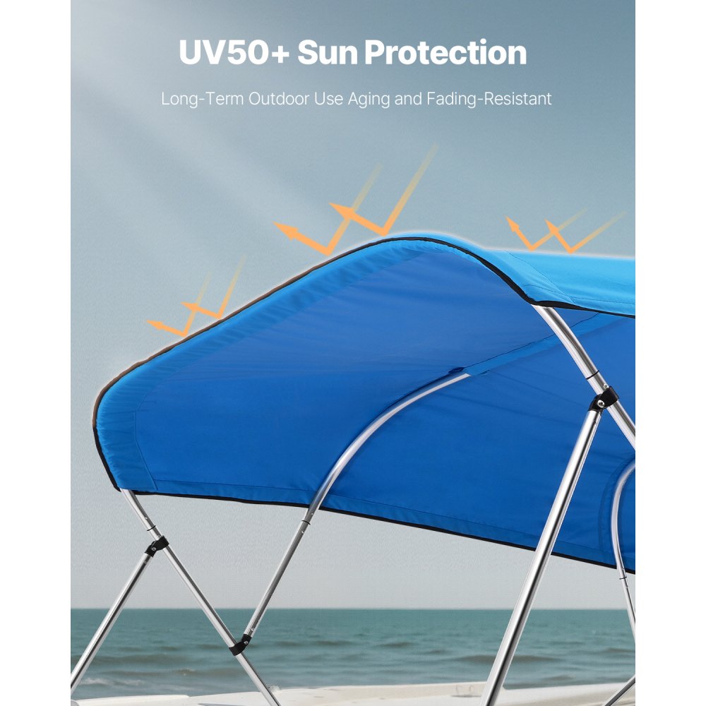 VEVOR Bimini Top Replacement Boat Cover Sunshade (4 arches) made of 600D polyester, waterproof sunshade boat awning with storage bag (without support pole) 246-262 cm (W) Blue