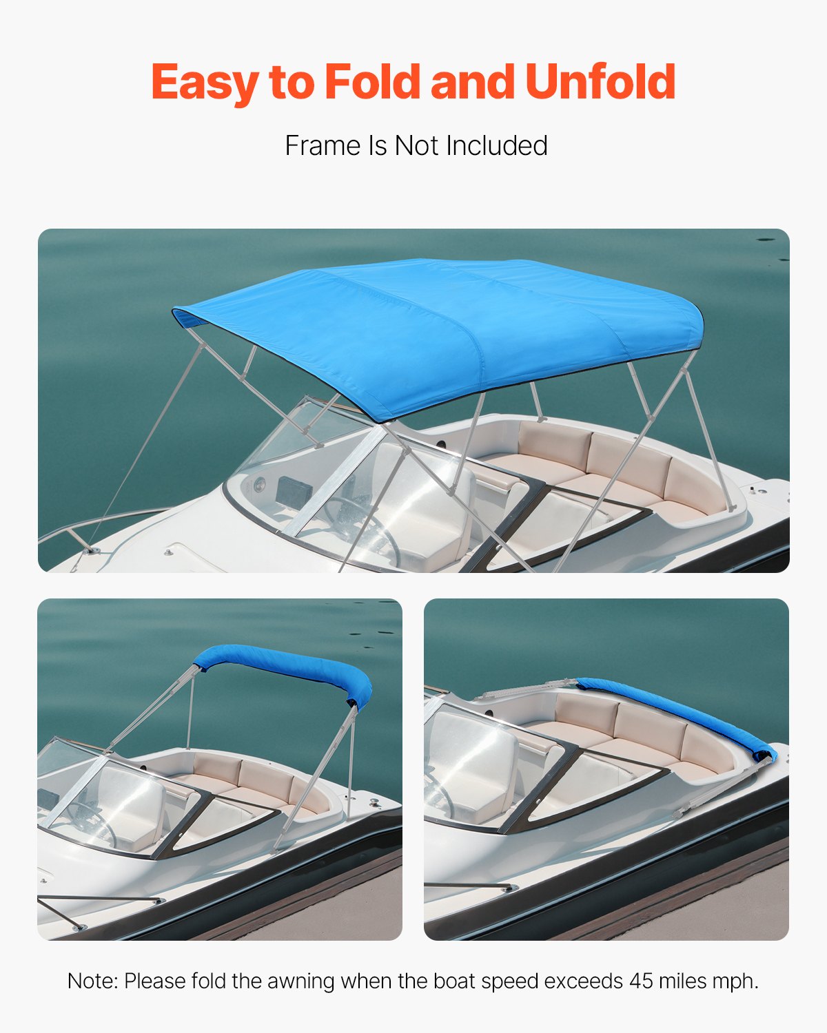 VEVOR Bimini Top Replacement Boat Cover Sunshade (4 arches) made of 600D polyester, waterproof sunshade boat awning with storage bag (without support pole) 246-262 cm (W) Blue