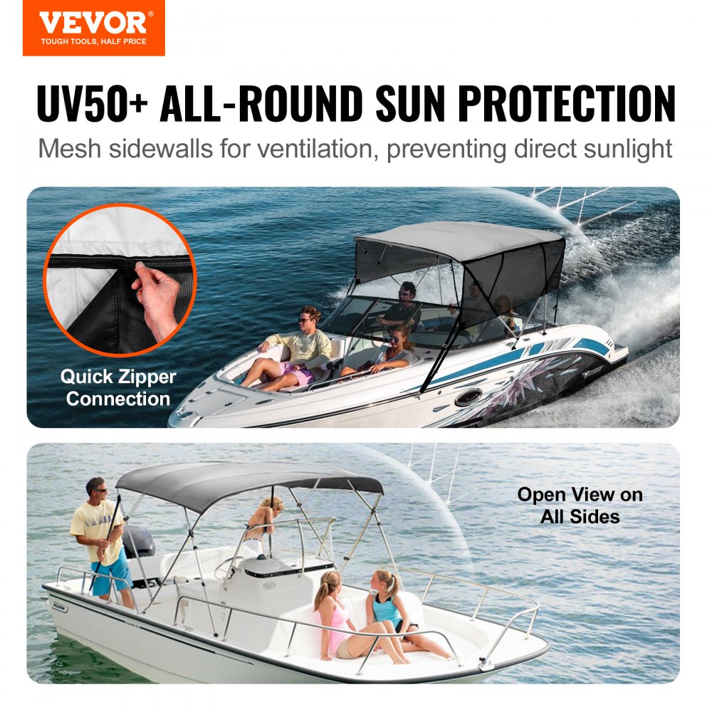VEVOR 4-Arch Bimini Top Boat Cover, 231-244 cm Installation Width, 600D Polyester Canopy, Boat Cover with Removable Mesh Side Panels, Waterproof & Sun Protection, incl. Storage Box, Light Grey