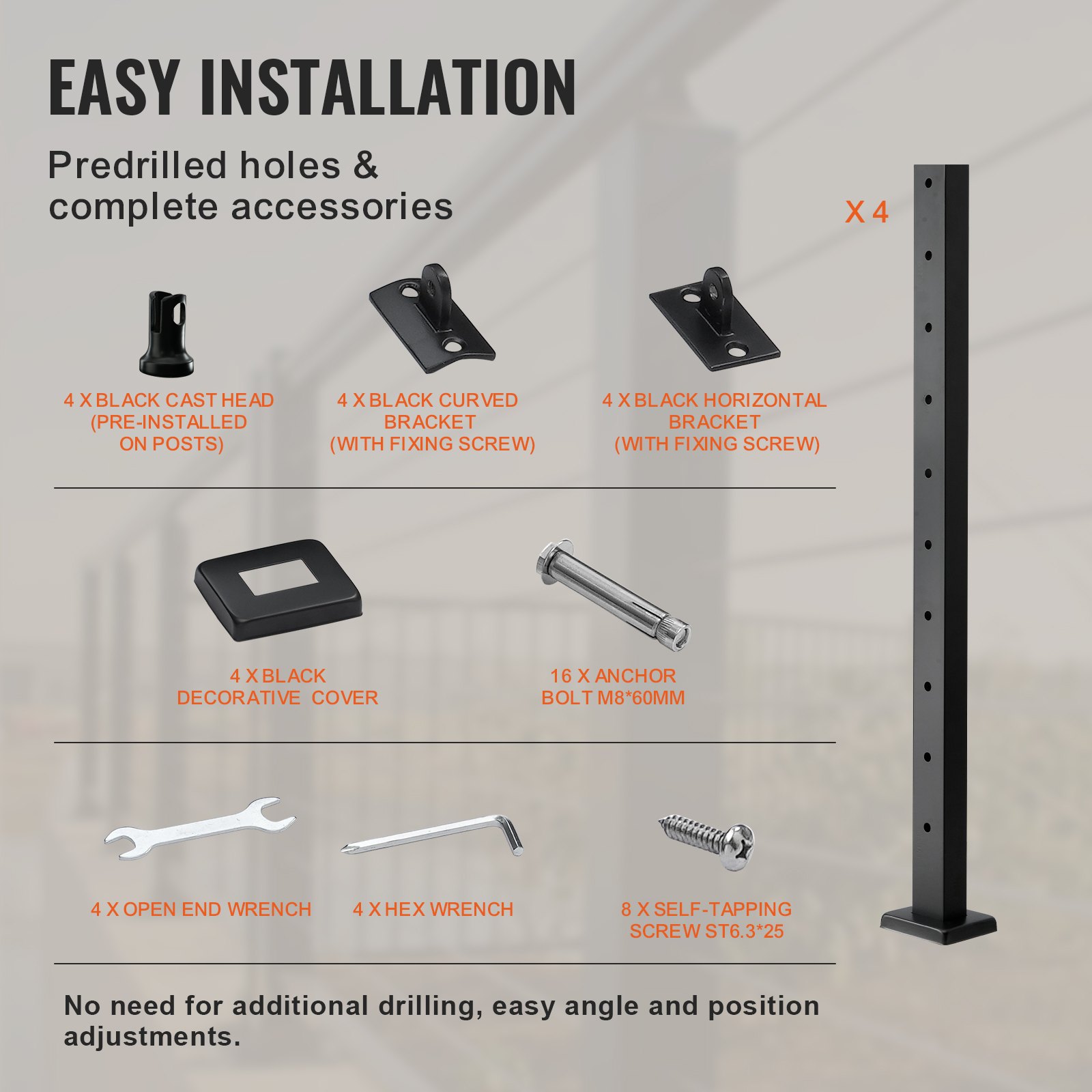 Słupki balustrad VEVOR 4 szt. 91x2,54x5cm z poziomymi otworami