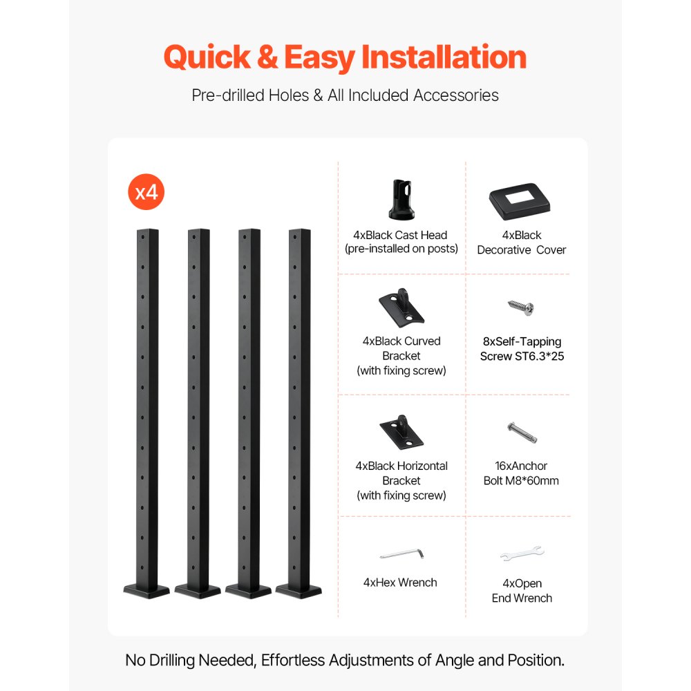 VEVOR 4-pack cable railing posts, 106.7x3x5cm deck railing posts with horizontal & pre-drilled holes, SUS304, with horizontal & curved bracket, black, 4JZLGZXHS106REP67001V0