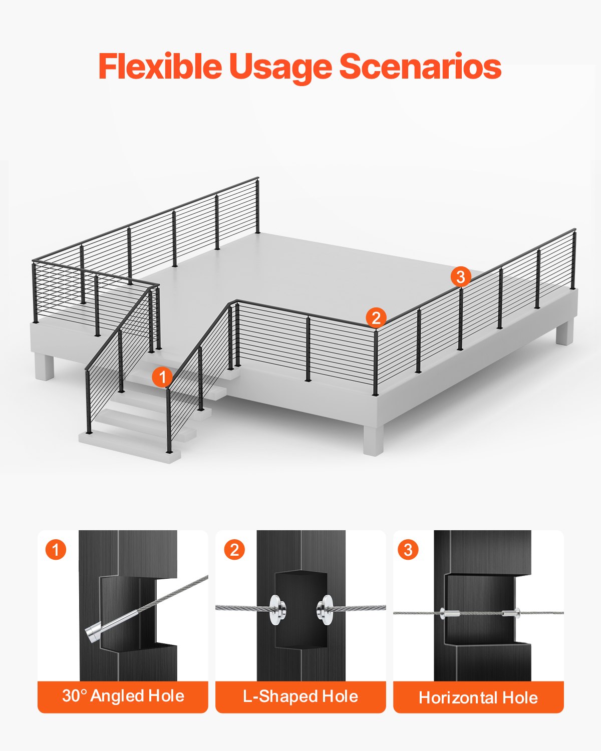 Zestaw 4 słupków do balustrady kablowej VEVOR, 106,7 x 3 x 5 cm, słupki do balustrady tarasowej z otworami poziomymi i wstępnie nawierconymi, stal SUS304, z poziomym i zakrzywionym wspornikiem, kolor czarny, 4JZLGZXHS106REP67001V0