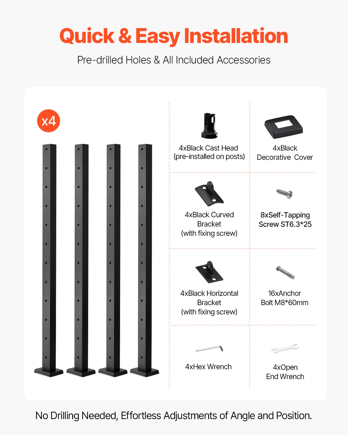 VEVOR 4-pack cable railing posts, 106.7x3x5cm deck railing posts with horizontal & pre-drilled holes, SUS304, with horizontal & curved bracket, black, 4JZLGZXHS106REP67001V0