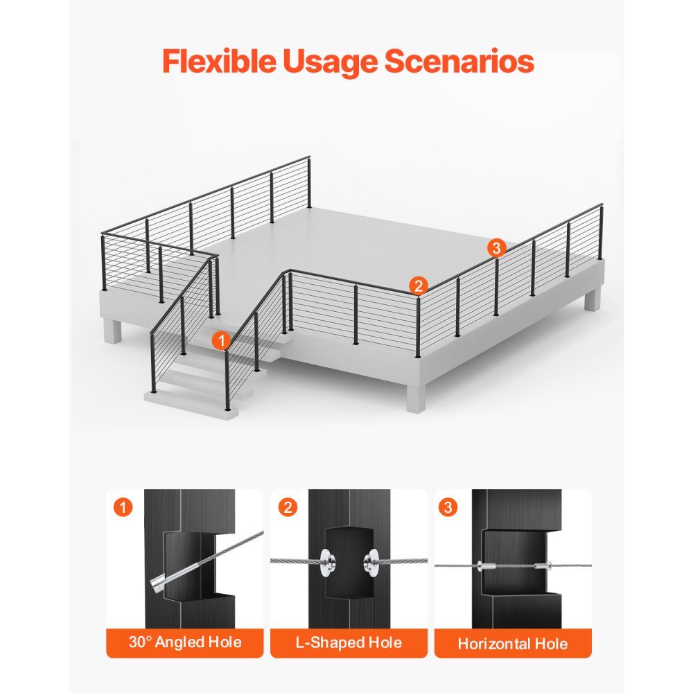 Słupki balustrady kablowej VEVOR, 4 sztuki, 914 x 25,4 x 50,8 mm, wstępnie nawiercone otwory poziome, stal nierdzewna SUS304, wygięty wspornik poziomy, do poręczy, balustrady, czarny, 4JZLGZXHS914UUOI6001V0