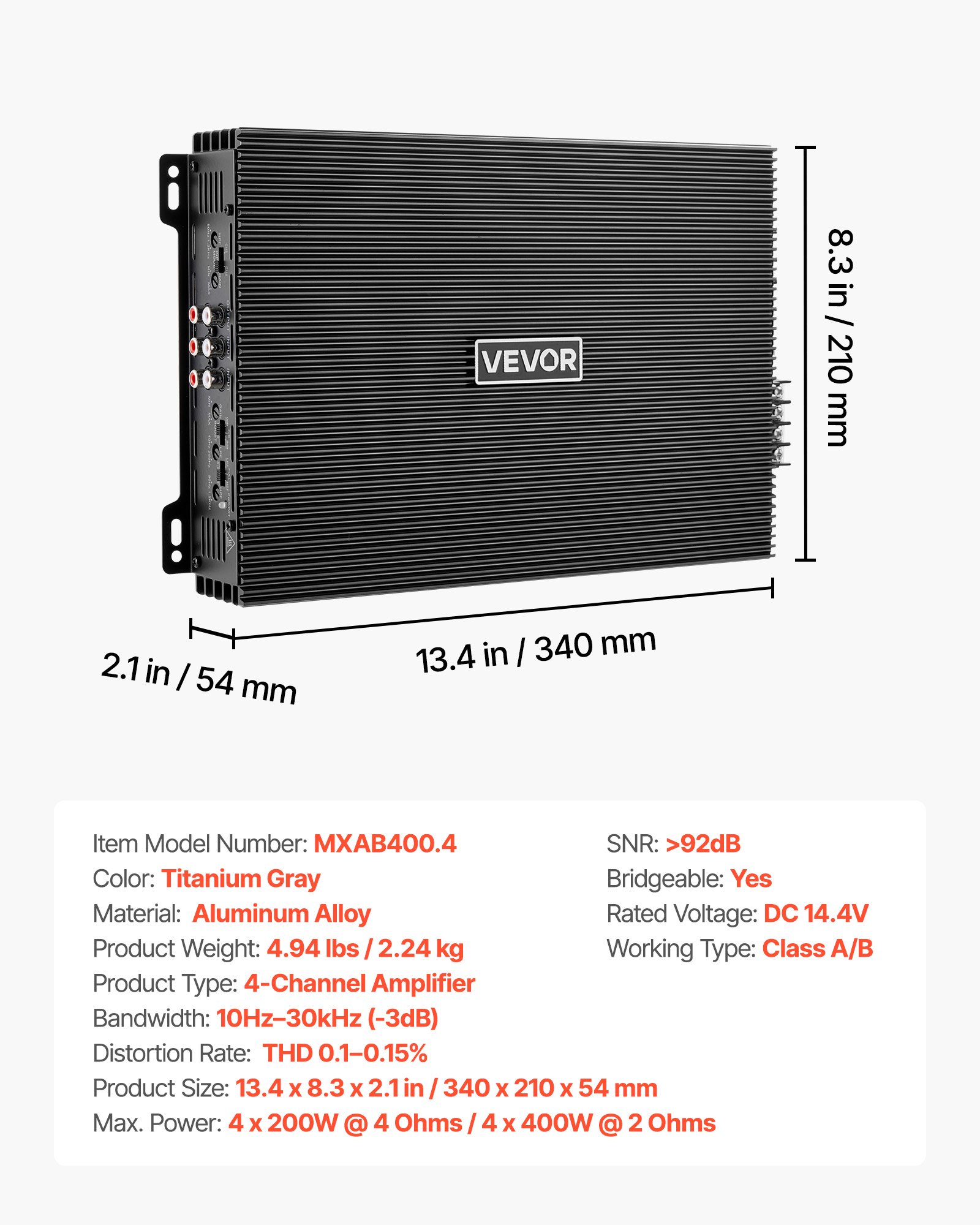 Wzmacniacz samochodowy VEVOR 4-kanałowy, wzmacniacz mocy mostkowy klasy AB, maks. 4 x 200 W przy 4 omach / 4 x 400 W przy 2 omach, wzmacniacz o wysokiej wydajności do SUV-ów, pick-upów i pojazdów terenowych, wzmacniacz audio wielokanałowy