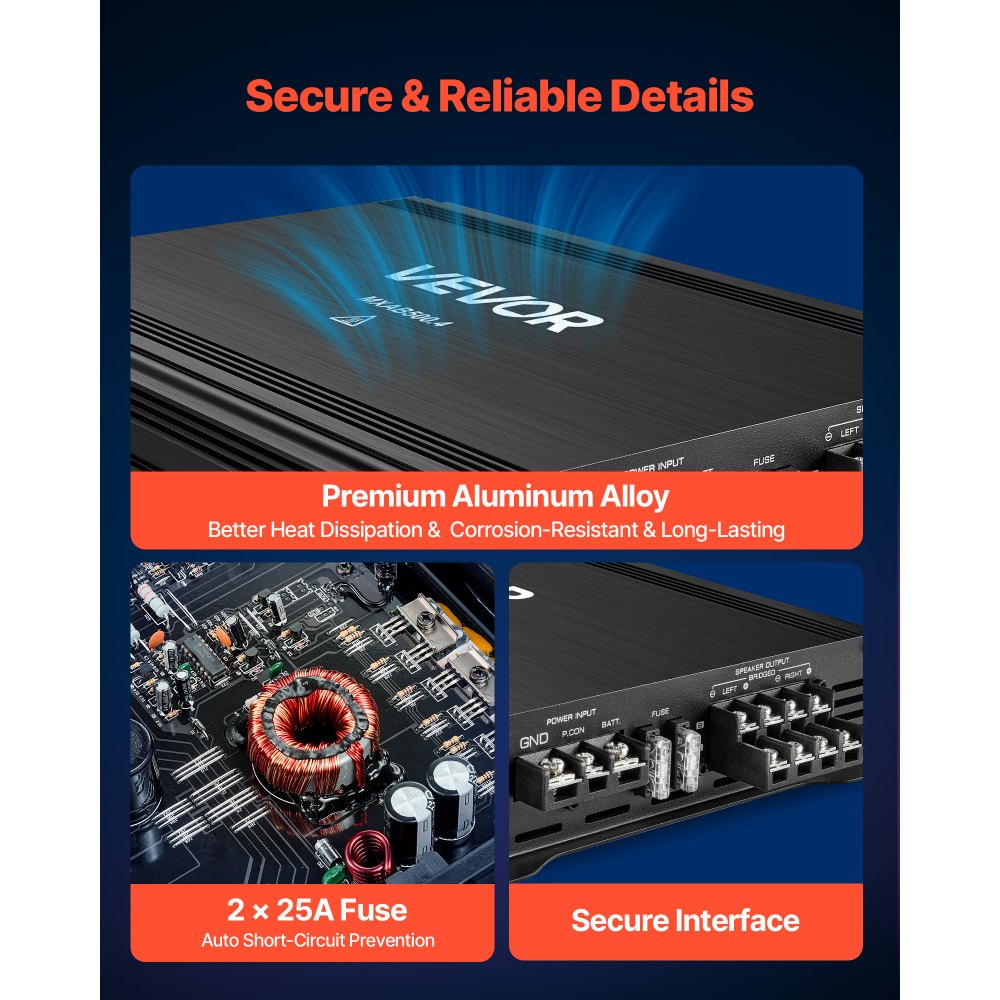 VEVOR Car Audio Amplifier, 4-Channel Bridgeable Car Amplifier, Multichannel Class AB Stereo Amp, Max. 4 x 250W at 4 Ohms / 4 x 500W at 2 Ohms, High Output, for SUVs, Pickups, and Off-Road Vehicles
