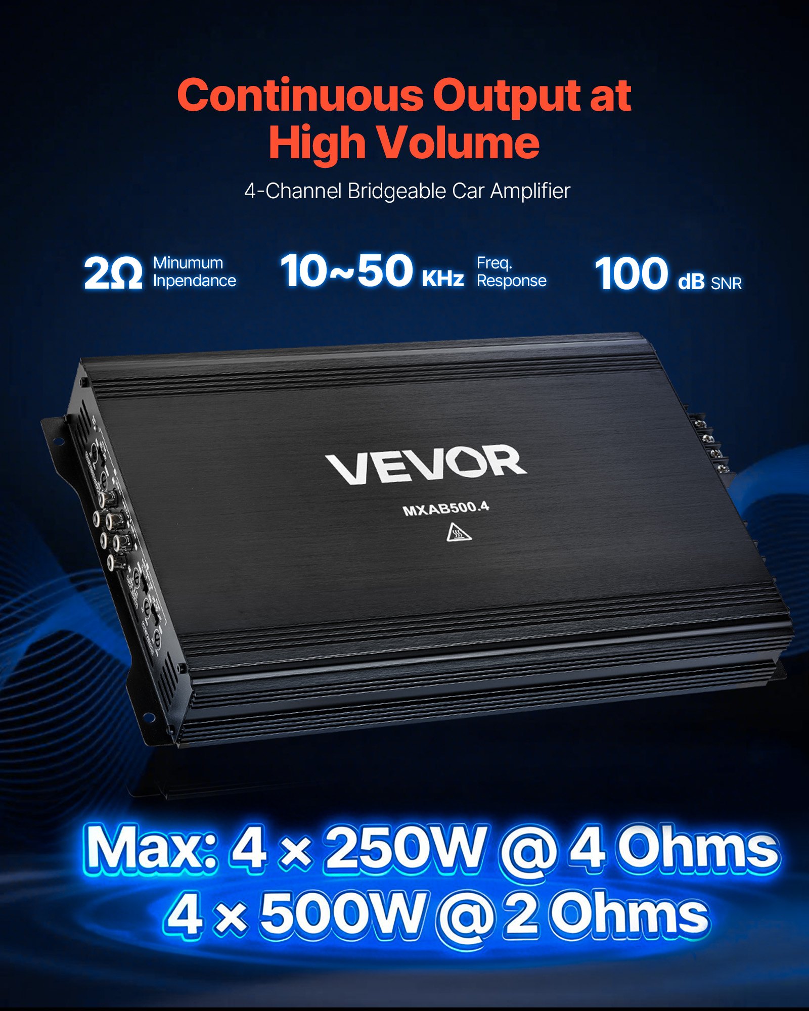 VEVOR Car Audio Amplifier, 4-Channel Bridgeable Car Amplifier, Multichannel Class AB Stereo Amp, Max. 4 x 250W at 4 Ohms / 4 x 500W at 2 Ohms, High Output, for SUVs, Pickups, and Off-Road Vehicles