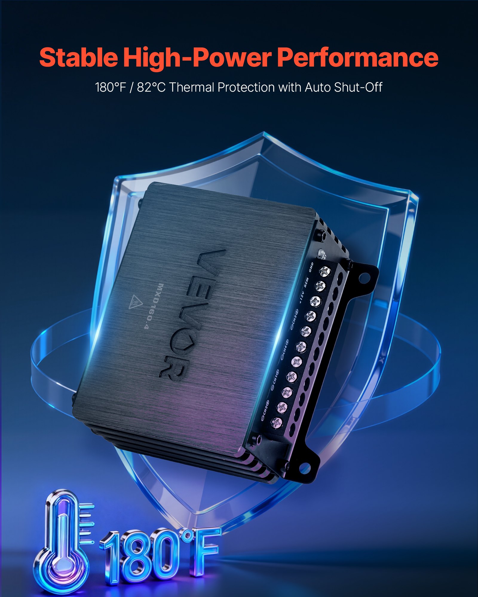 Wzmacniacz samochodowy VEVOR 4-kanałowy, wzmacniacz mostkowy klasy D, maks. 4 x 110 W przy 4 omach / 4 x 160 W przy 2 omach, wzmacniacz o wysokiej wydajności do SUV-ów, pick-upów i pojazdów terenowych, wzmacniacz audio wielokanałowy