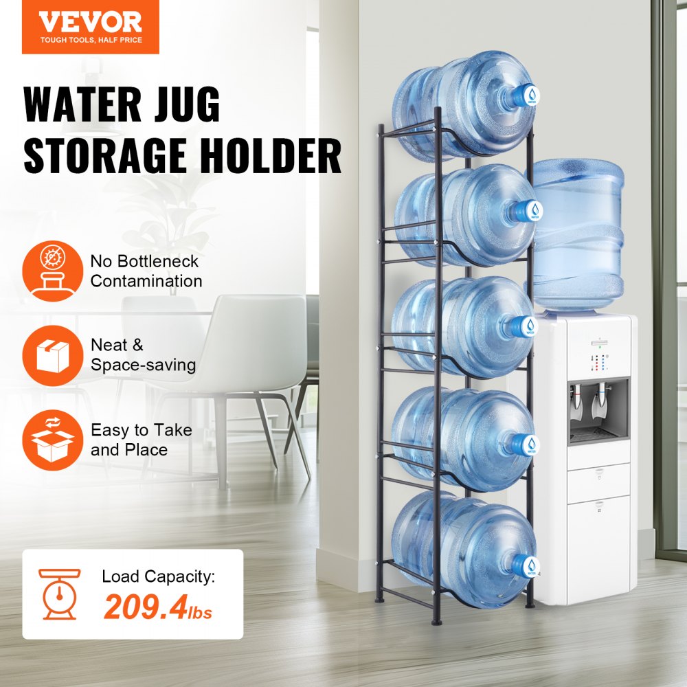 VEVOR 5-Tier Water Jug Holder, 5-Gallon Water Bottle Holder, Single-Row Water Bottle Rack for 5 Bottles, Sturdy Water Jug Rack for Kitchen, Office, Living Room, Black