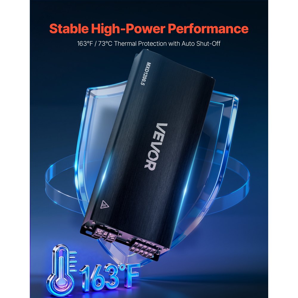 VEVOR Car Audio Amplifier, 5-Channel Bridgeable Car Amplifier, Multichannel Class D Stereo Amp, Max. 4 x 100W at 4 Ohms / 4 x 200W at 2 Ohms + 1 x 1000W at 2 Ohms / 1 x 500W at 4 Ohms, for Vehicles