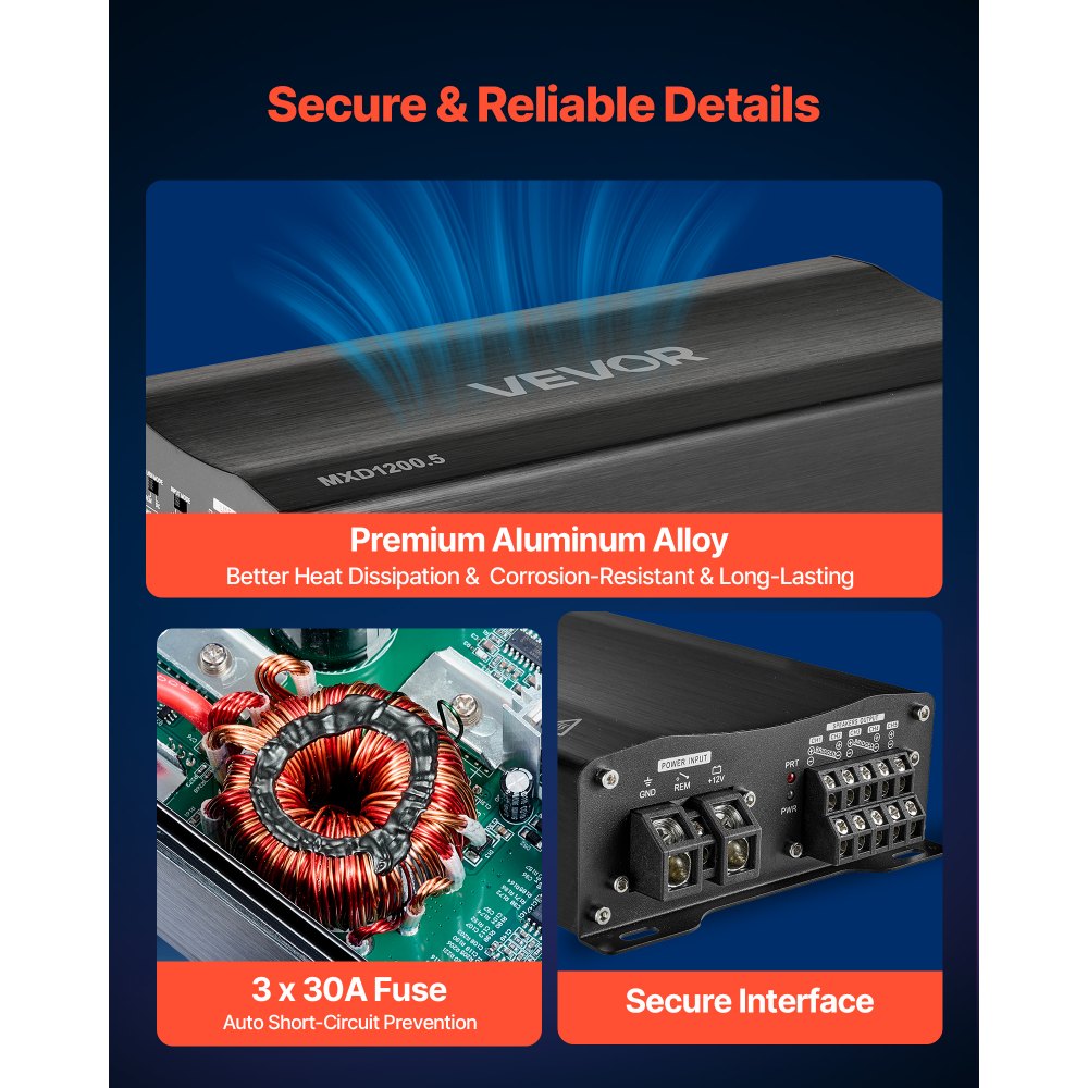 VEVOR Car Audio Amplifier, 5-Channel Bridgeable Car Amplifier, Multichannel Class D Stereo Amp, Max. 4 x 100W at 4 Ohms / 4 x 200W at 2 Ohms + 1 x 1000W at 2 Ohms / 1 x 500W at 4 Ohms, for Vehicles