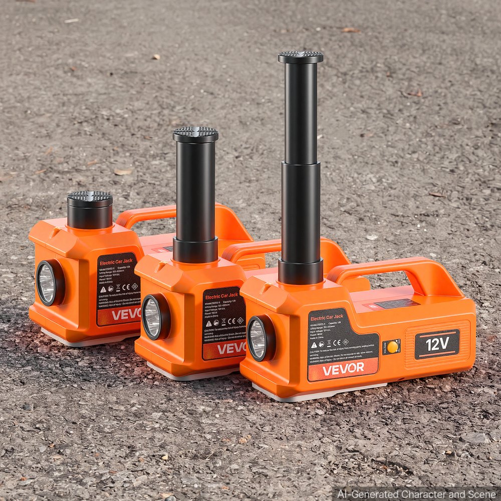 Podnośnik hydrauliczny elektryczny VEVOR 5 t, 12 V, pomarańczowy, odpowiedni do pickupów, SUV-ów i sedanów, zakres podnoszenia 155–450 mm, z młotkiem bezpieczeństwa, skrzynką narzędziową i światłami LED