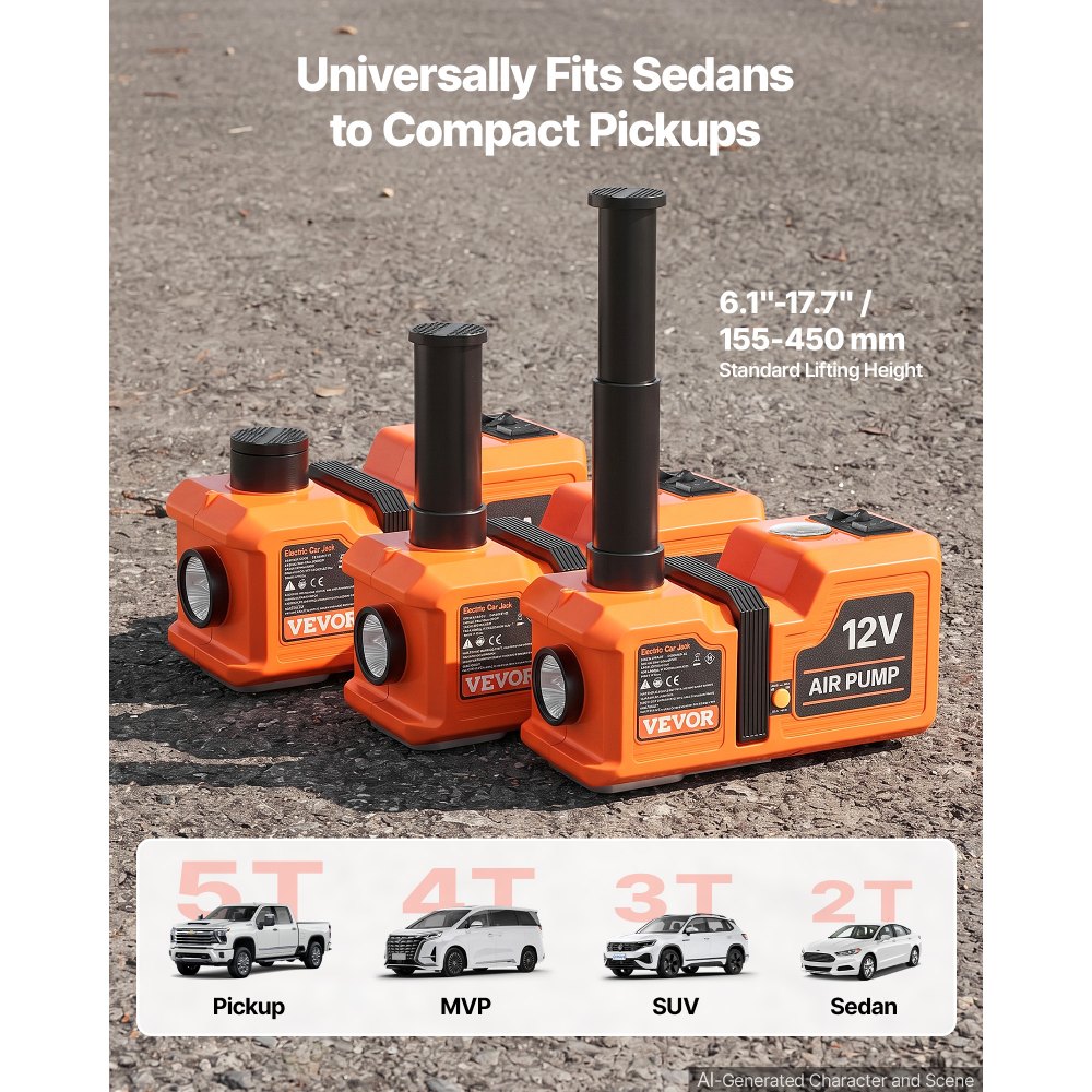 Elektryczny hydrauliczny podnośnik jezdny VEVOR 5 ton z elektrycznym kluczem udarowym i pompą pneumatyczną. Nadaje się do pickupów, SUV-ów i sedanów, zakres podnoszenia 155–450 mm, z pilotem zdalnego sterowania, młotkiem bezpieczeństwa i światłami LED.