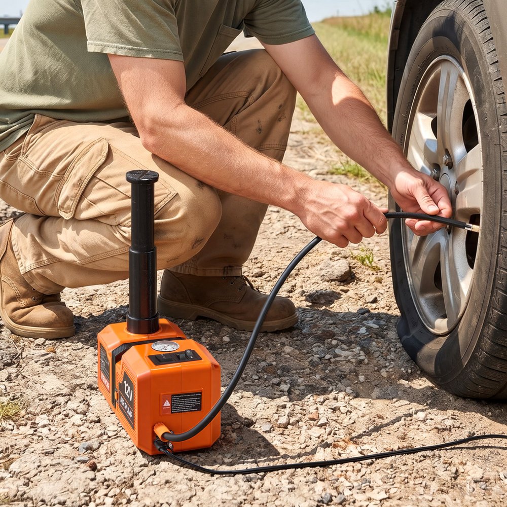 Elektryczny hydrauliczny podnośnik jezdny VEVOR 5 ton z elektrycznym kluczem udarowym i pompą pneumatyczną. Nadaje się do pickupów, SUV-ów i sedanów, zakres podnoszenia 155–450 mm, z pilotem zdalnego sterowania, młotkiem bezpieczeństwa i światłami LED.