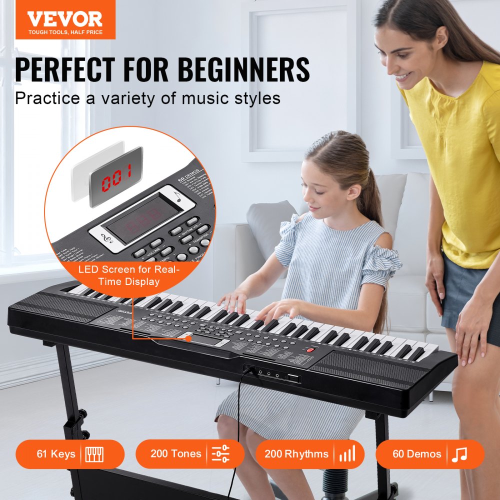 VEVOR 61-klawiszowe pianino cyfrowe, 200 tonów, 200 rytmów, przenośny zestaw z klawiaturą pianina elektrycznego z 60 utworami demonstracyjnymi, wbudowane dwa głośniki, słuchawki, mikrofon, naklejki na pianino dla początkujących
