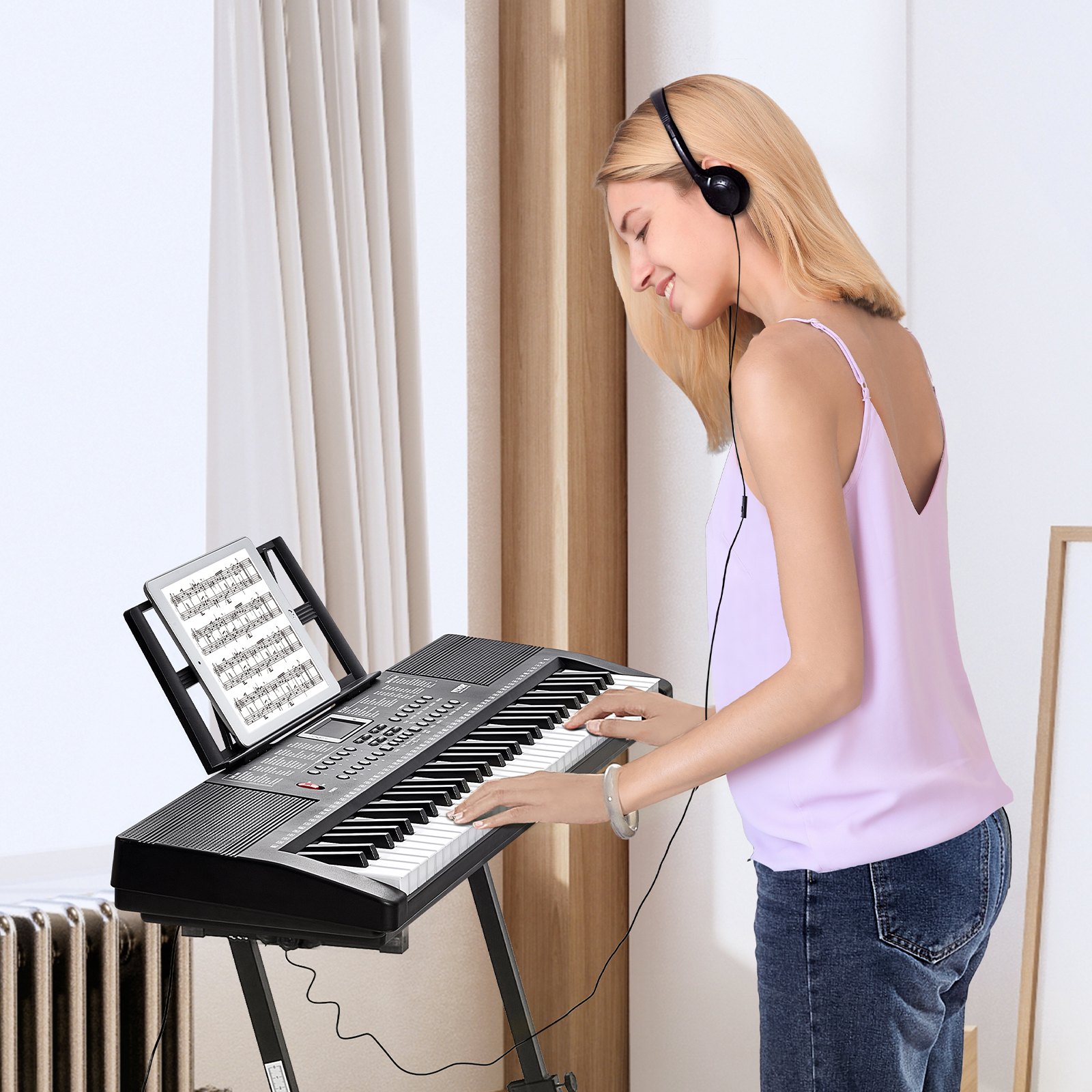 VEVOR 61-klawiszowe pianino cyfrowe, 200 tonów, 200 rytmów, przenośny zestaw z klawiaturą pianina elektrycznego z 60 utworami demonstracyjnymi, wbudowane dwa głośniki, słuchawki, mikrofon, naklejki na pianino dla początkujących