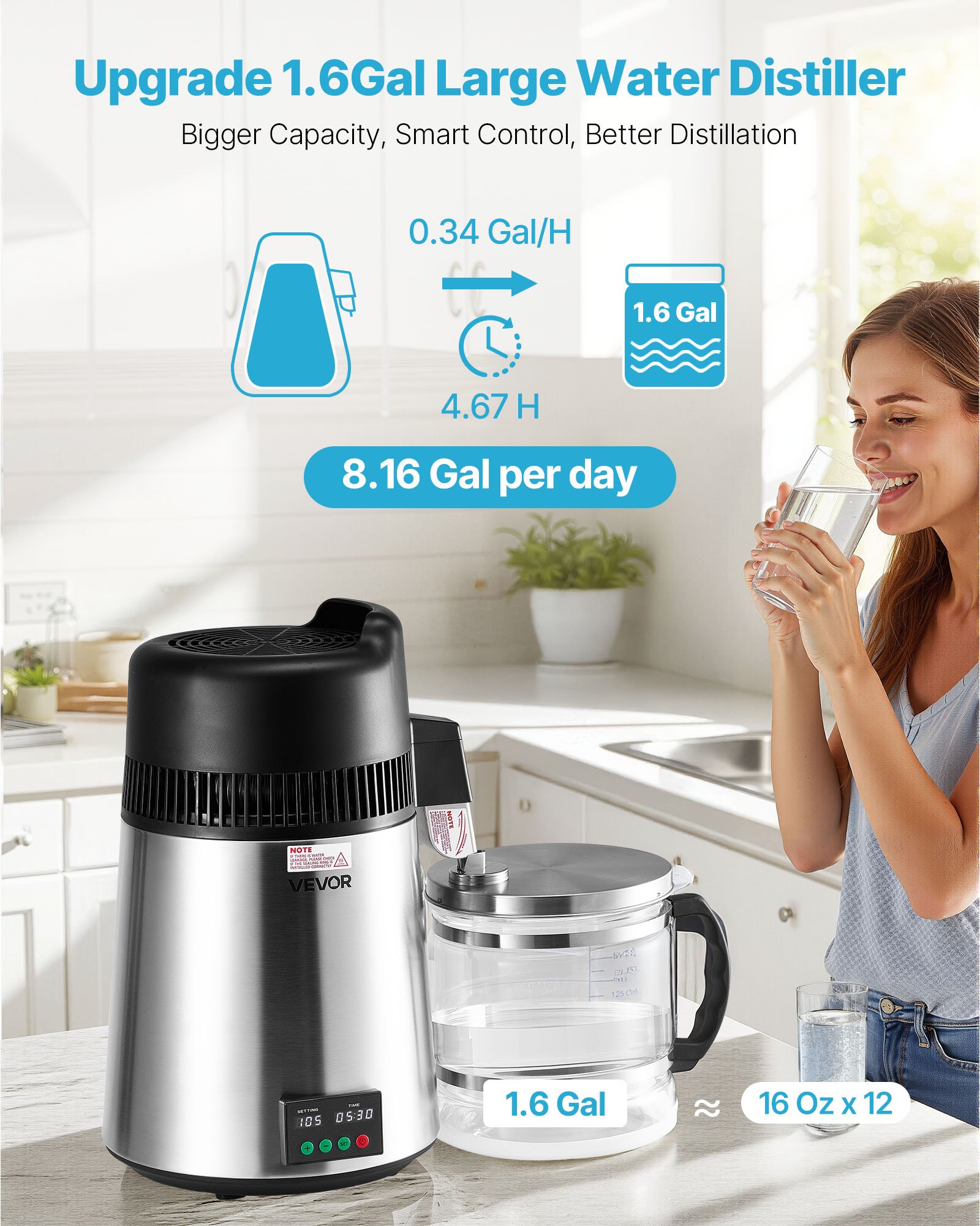 VEVOR Destylator wody 6 l, większy filtr do czystej wody, destylator szklany o mocy 900 W, urządzenie do wody pitnej z wnętrzem ze stali nierdzewnej do wytwarzania czystej wody, destylator wody srebrny