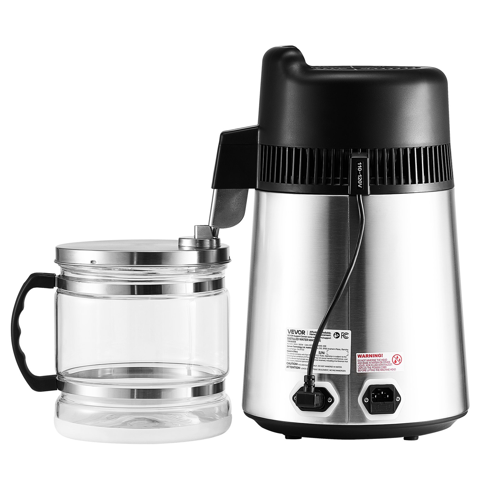 VEVOR Destylator wody 6 l, większy filtr do czystej wody, destylator szklany o mocy 900 W, urządzenie do wody pitnej z wnętrzem ze stali nierdzewnej do wytwarzania czystej wody, destylator wody srebrny
