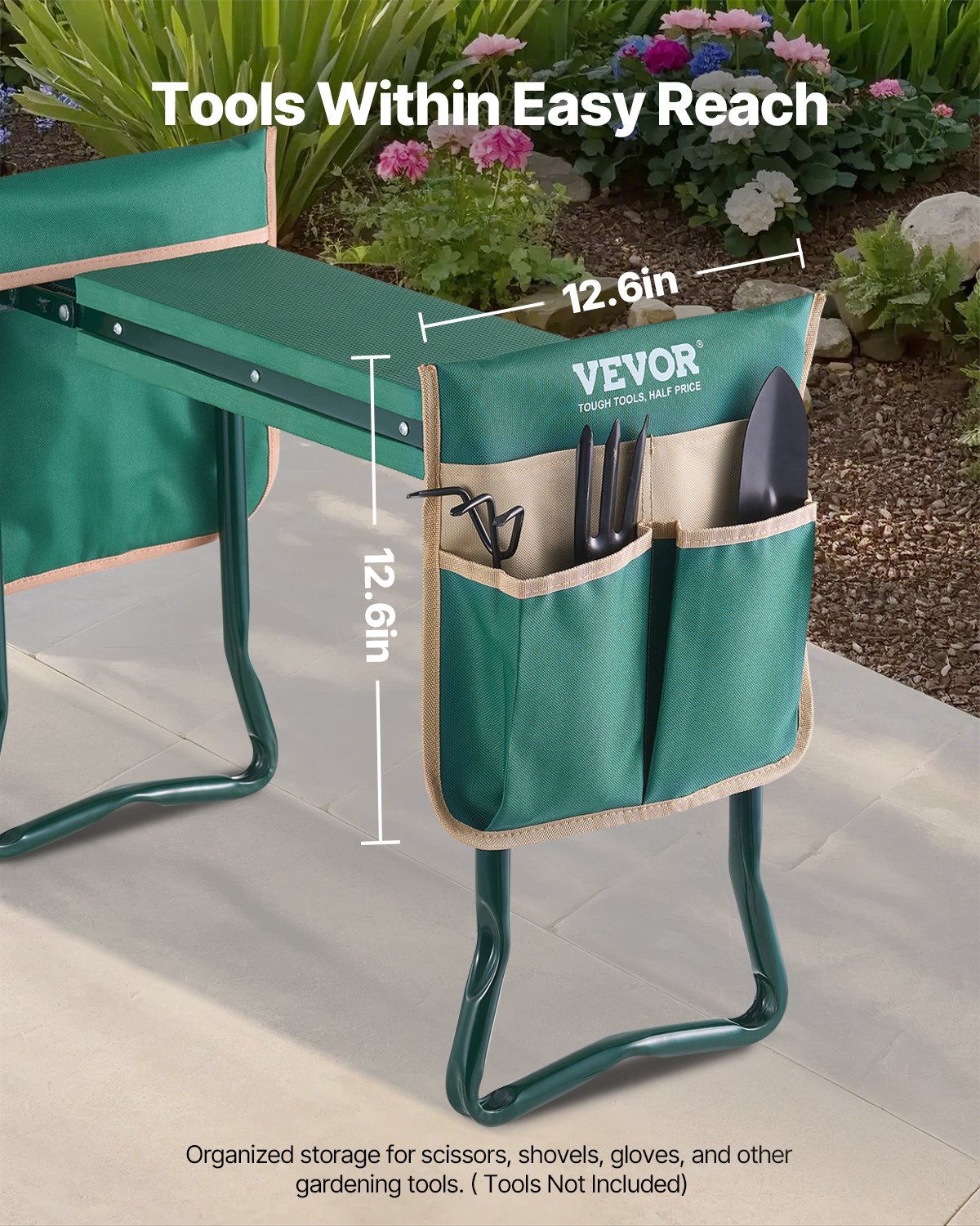 Ławka pod kolana VEVOR 590x290x490 mm, Poduszka pod kolana 152 mm, Pomoc w ogrodnictwie dla osób o wadze do 150 kg, Składane siedzisko ogrodowe z 2 torbami na narzędzia, Stołek roboczy łagodzący ból kolan i pleców