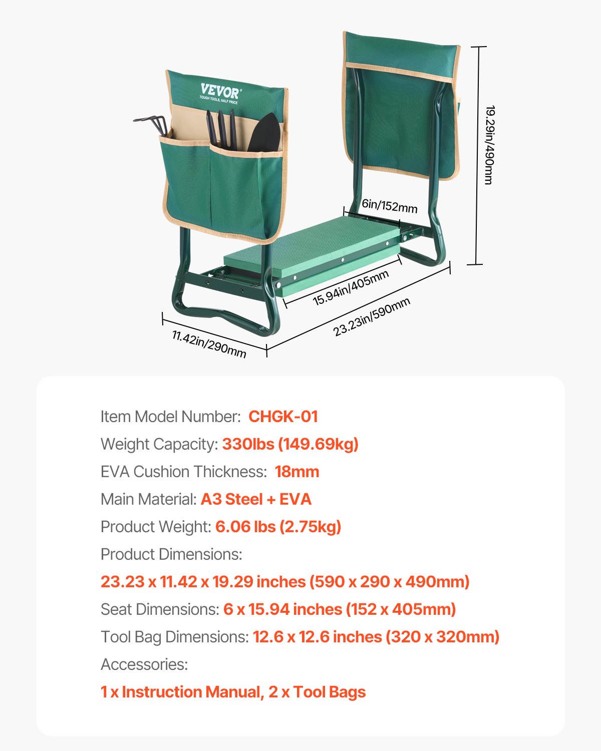 Ławka pod kolana VEVOR 590x290x490 mm, Poduszka pod kolana 152 mm, Pomoc w ogrodnictwie dla osób o wadze do 150 kg, Składane siedzisko ogrodowe z 2 torbami na narzędzia, Stołek roboczy łagodzący ból kolan i pleców
