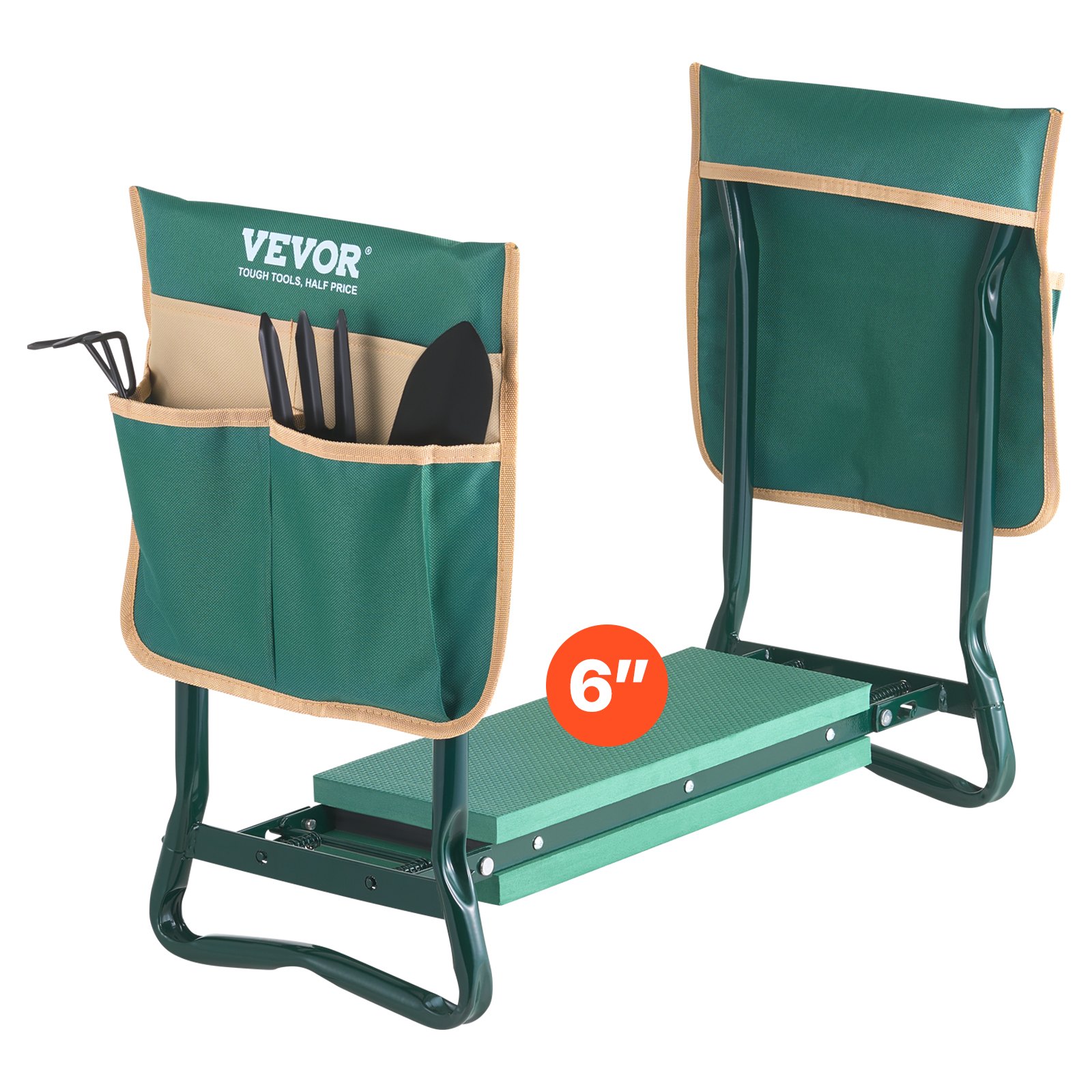Ławka pod kolana VEVOR 590x290x490 mm, Poduszka pod kolana 152 mm, Pomoc w ogrodnictwie dla osób o wadze do 150 kg, Składane siedzisko ogrodowe z 2 torbami na narzędzia, Stołek roboczy łagodzący ból kolan i pleców