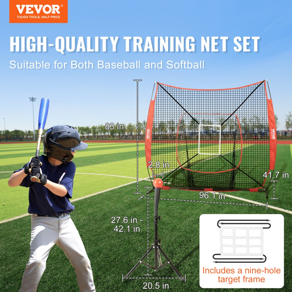Siatka do ćwiczeń baseballu i softballu VEVOR 244 x 106 x 211 cm, przenośna siatka treningowa do baseballu, do odbijania, łapania, rzucania, łapania z ramą łukową, torba transportowa, strefa uderzenia, czerwona piłka.