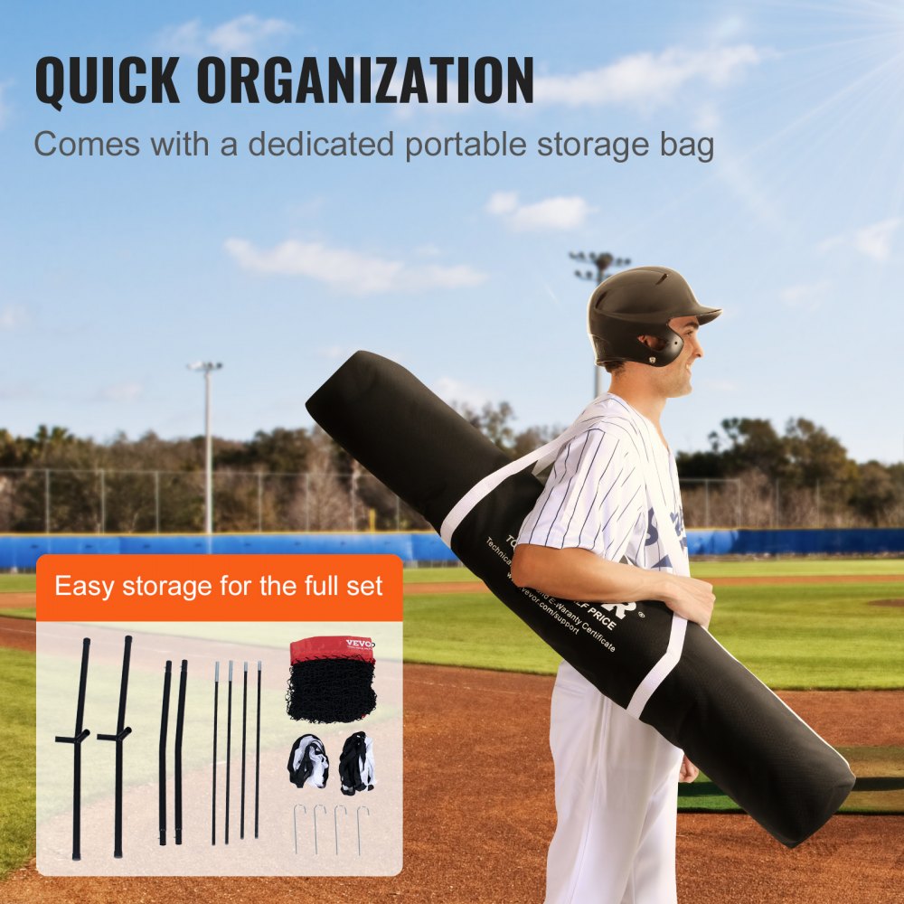 Siatka do ćwiczeń baseballu i softballu VEVOR 244 x 106 x 211 cm, przenośna siatka treningowa do baseballu, do odbijania, łapania, rzucania, łapania z ramą łukową, torba transportowa, strefa uderzenia, czerwona piłka.