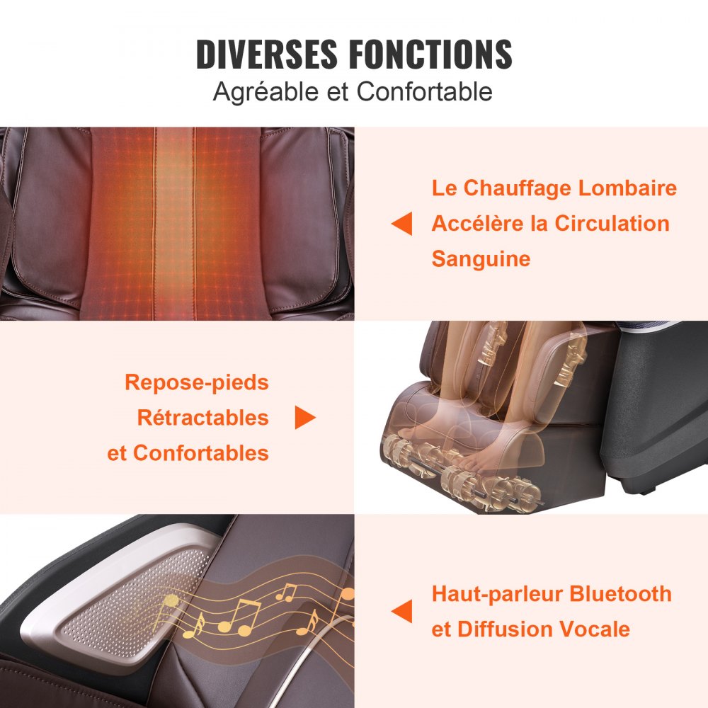 Fotel masujący VEVOR z elastyczną szyną SL, masażer shiatsu 3D całego ciała, funkcja Zero Gravity, 10–18 trybów automatycznych, ogrzewanie, głośnik Bluetooth, poduszka powietrzna i ekran dotykowy, 150 kg