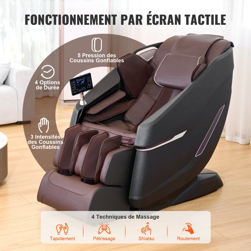 Fotel masujący VEVOR z elastyczną szyną SL, masażer shiatsu 3D całego ciała, funkcja Zero Gravity, 10–18 trybów automatycznych, ogrzewanie, głośnik Bluetooth, poduszka powietrzna i ekran dotykowy, 150 kg