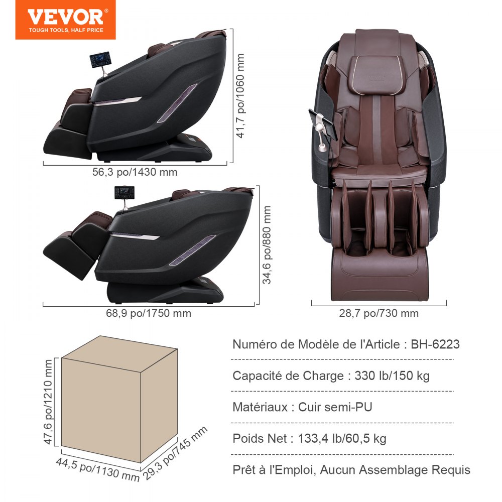 Fotel masujący VEVOR z elastyczną szyną SL, masażer shiatsu 3D całego ciała, funkcja Zero Gravity, 10–18 trybów automatycznych, ogrzewanie, głośnik Bluetooth, poduszka powietrzna i ekran dotykowy, 150 kg
