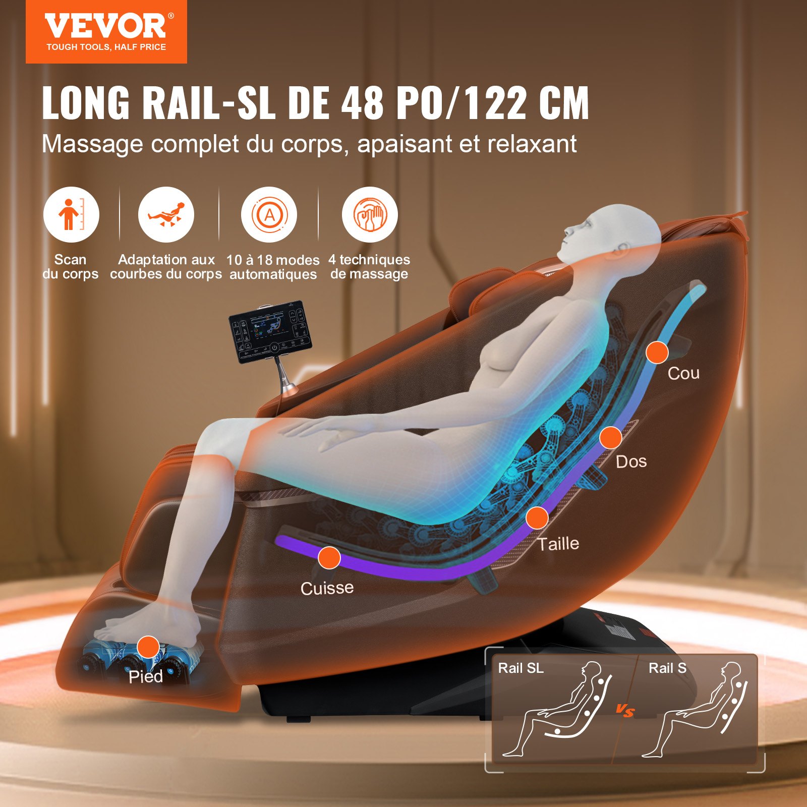 Fotel masujący VEVOR z elastyczną szyną SL, masażer shiatsu 3D całego ciała, funkcja Zero Gravity, 10–18 trybów automatycznych, ogrzewanie, głośnik Bluetooth, poduszka powietrzna i ekran dotykowy, 150 kg