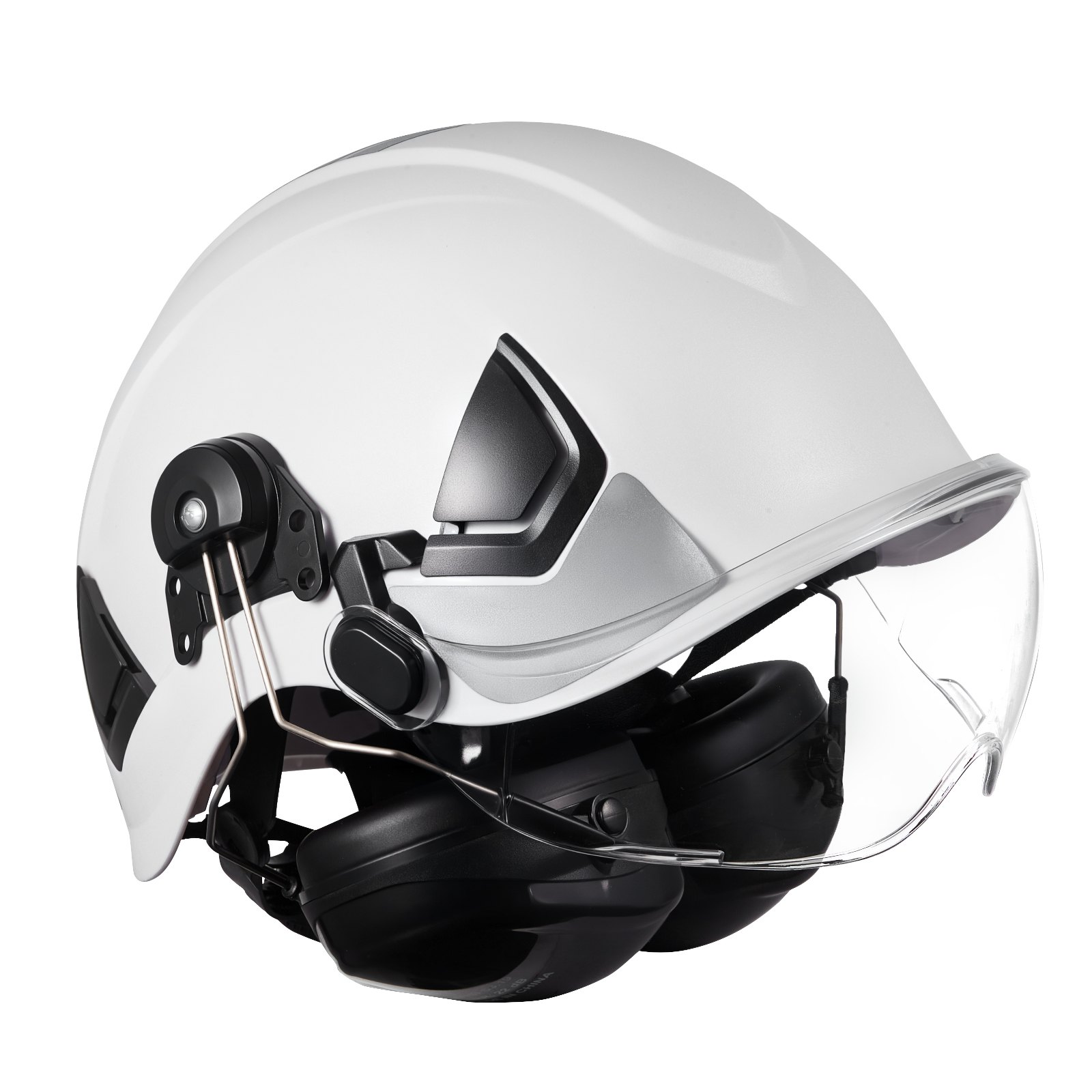 Kask ochronny ABS z atestem VEVOR ANSI/ISEA Z89.1 z osłoną i nausznikami, regulowany, wentylowany hełm przemysłowy, hełm roboczy do prac budowlanych w przemyśle, biały