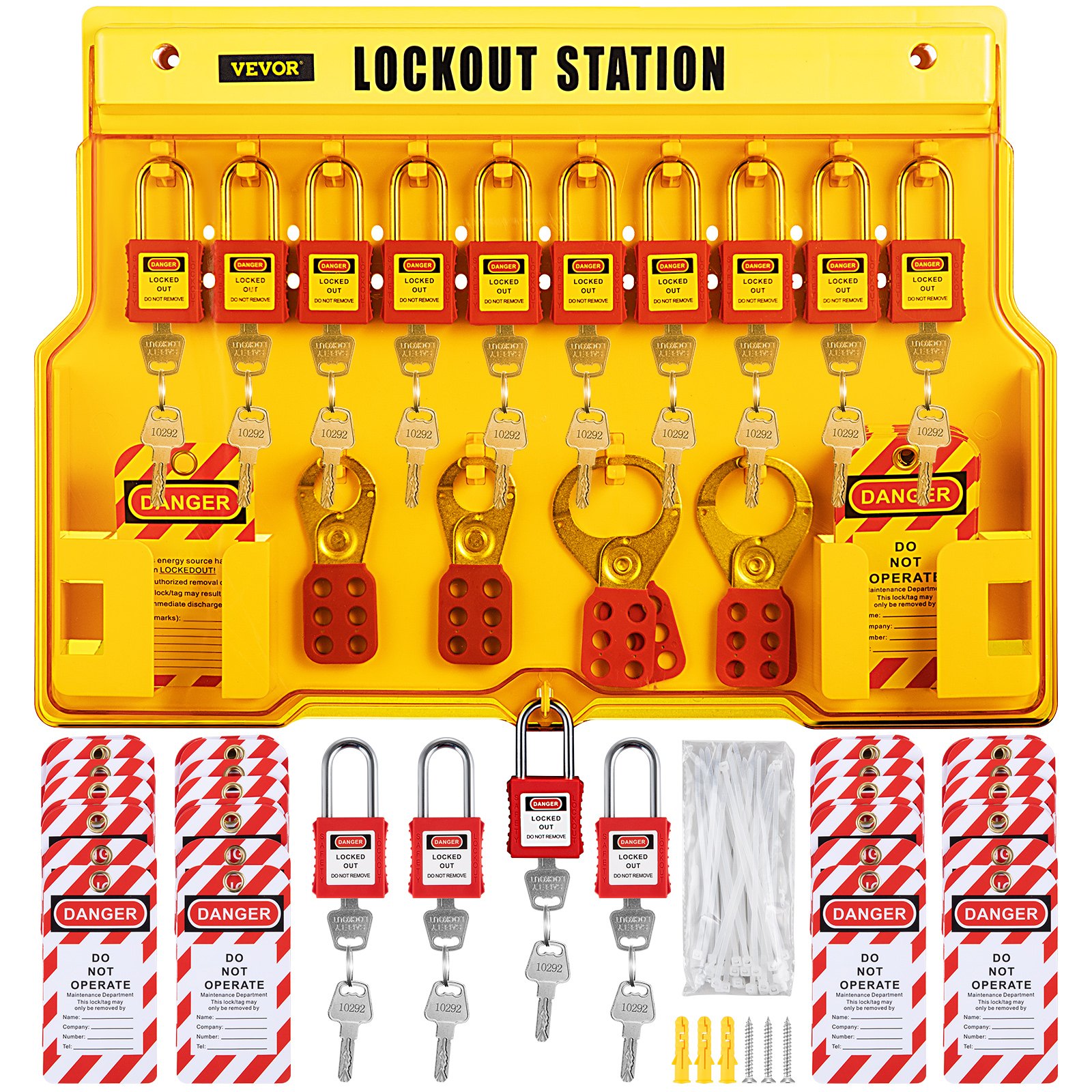 Zestaw VEVOR Lockout Tagout 58 szt. Blokada rozłącznika, etykiety z klamrami i torba do przechowywania kłódek zabezpieczających na produkty zabezpieczające i etykiety oraz sprzęt elektryczny.