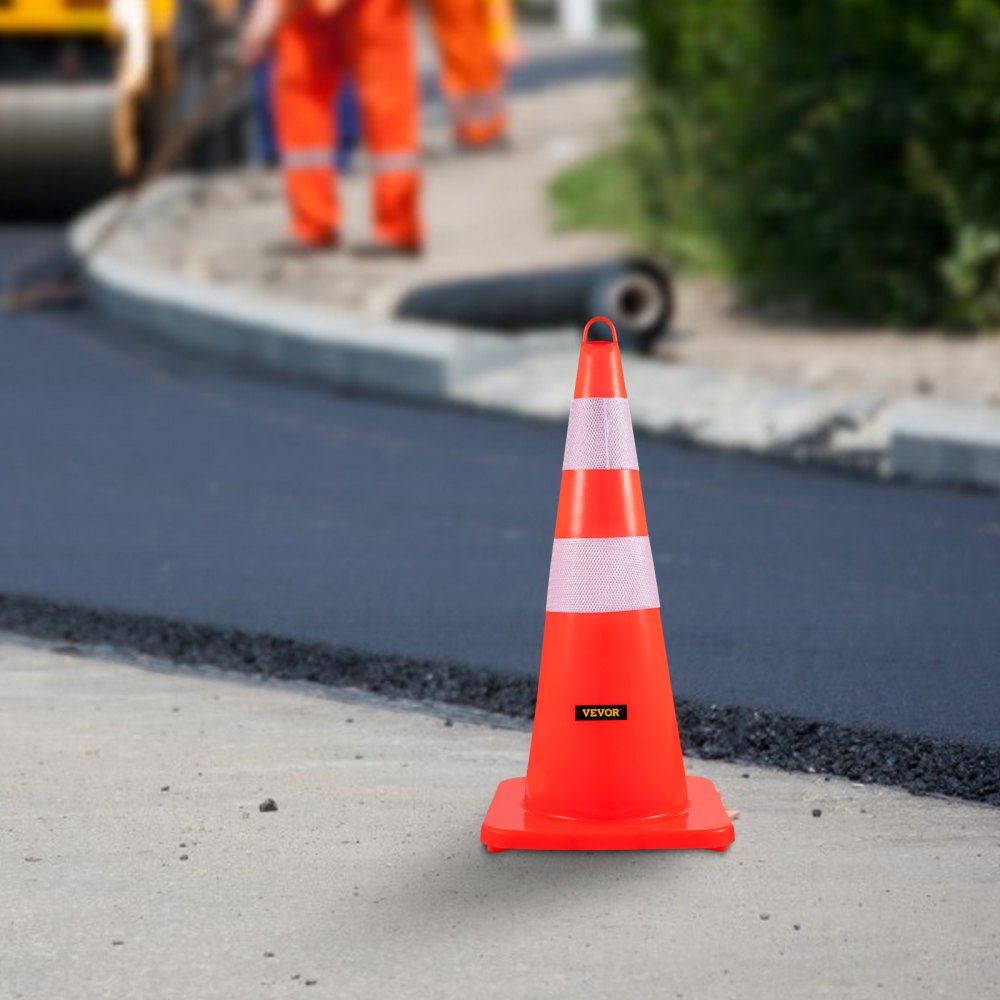 Pachołki drogowe VEVOR, 10 sztuk, 73 cm, pomarańczowe pachołki budowlane z PVC, 2 odblaskowe obroże, pachołki drogowe z obciążoną podstawą i uchwytem, ​​do kontroli ruchu
