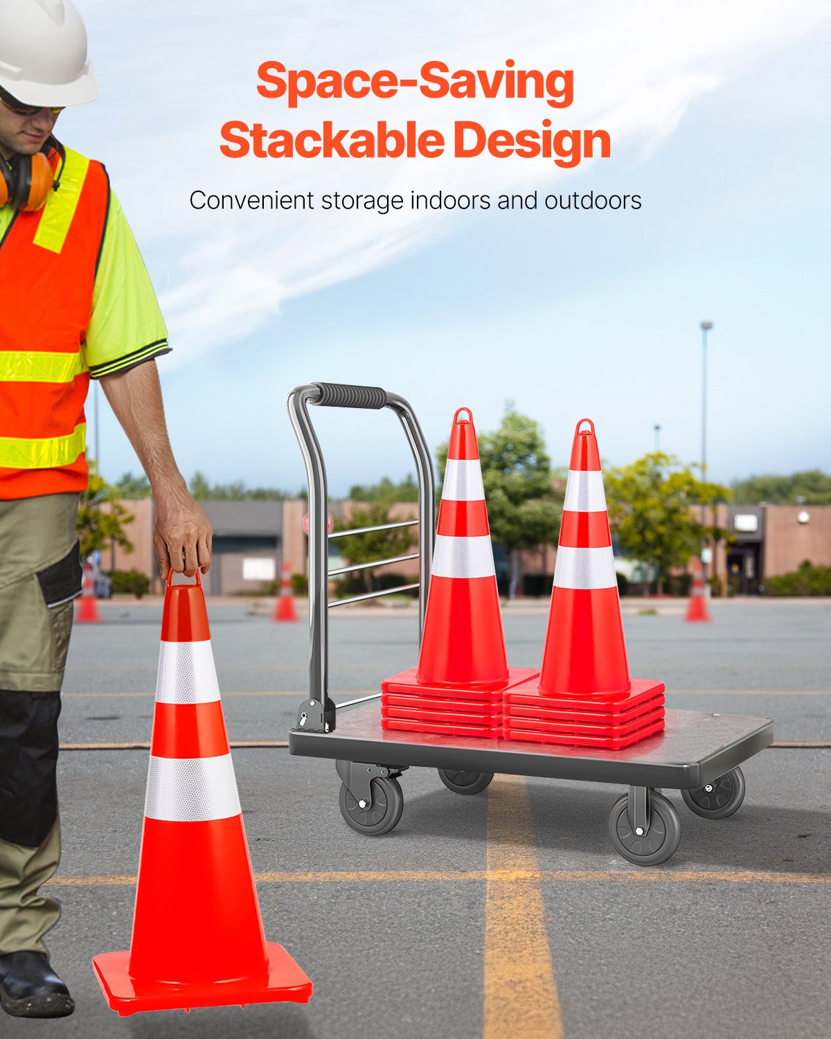 Pachołki drogowe VEVOR, 10 sztuk, 73 cm, pomarańczowe pachołki budowlane z PVC, 2 odblaskowe obroże, pachołki drogowe z obciążoną podstawą i uchwytem, ​​do kontroli ruchu
