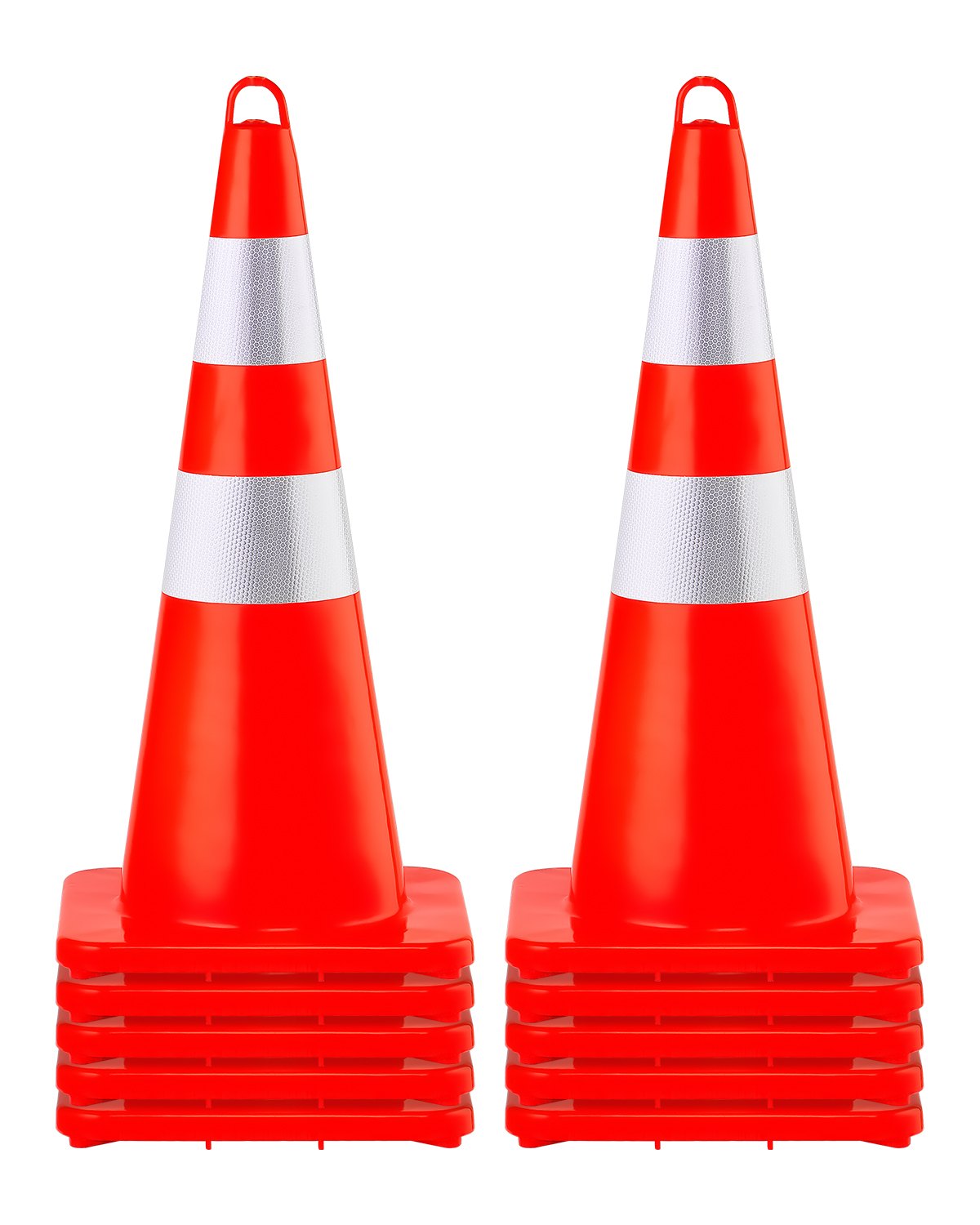 Pachołki drogowe VEVOR, 10 sztuk, 73 cm, pomarańczowe pachołki budowlane z PVC, 2 odblaskowe obroże, pachołki drogowe z obciążoną podstawą i uchwytem, ​​do kontroli ruchu