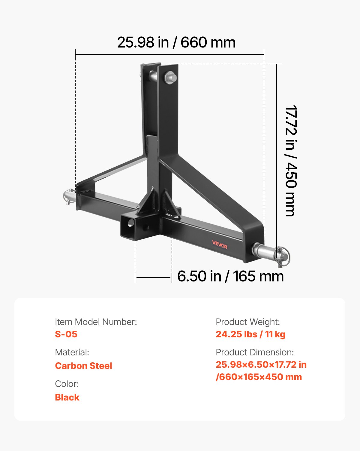 Zaczep holowniczy VEVOR 3-punktowy 660x165x450 mm, zaczep holowniczy 3-punktowy do ciągników o udźwigu 1360 kg, adapter zaczepu holowniczego, kompatybilny z Kubota, Mahindra, Ford, Yanmar, John Deere