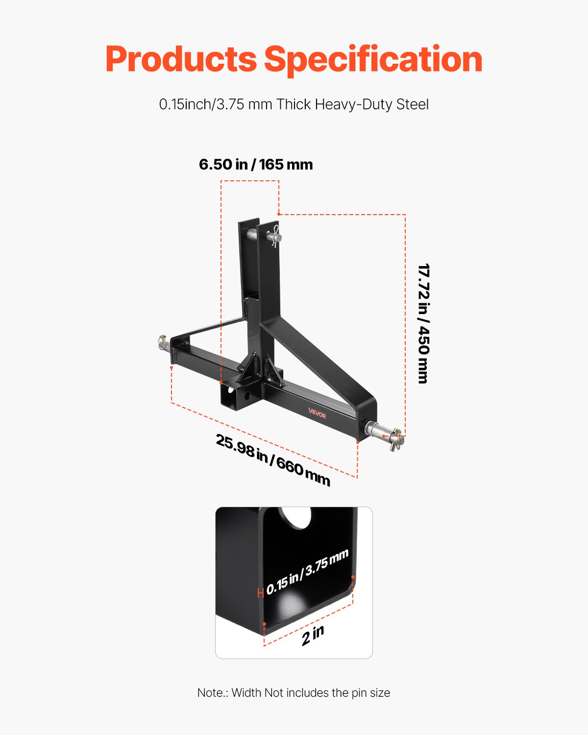 Zaczep holowniczy VEVOR 3-punktowy 660x165x450 mm, zaczep holowniczy 3-punktowy do ciągników o udźwigu 1360 kg, adapter zaczepu holowniczego, kompatybilny z Kubota, Mahindra, Ford, Yanmar, John Deere