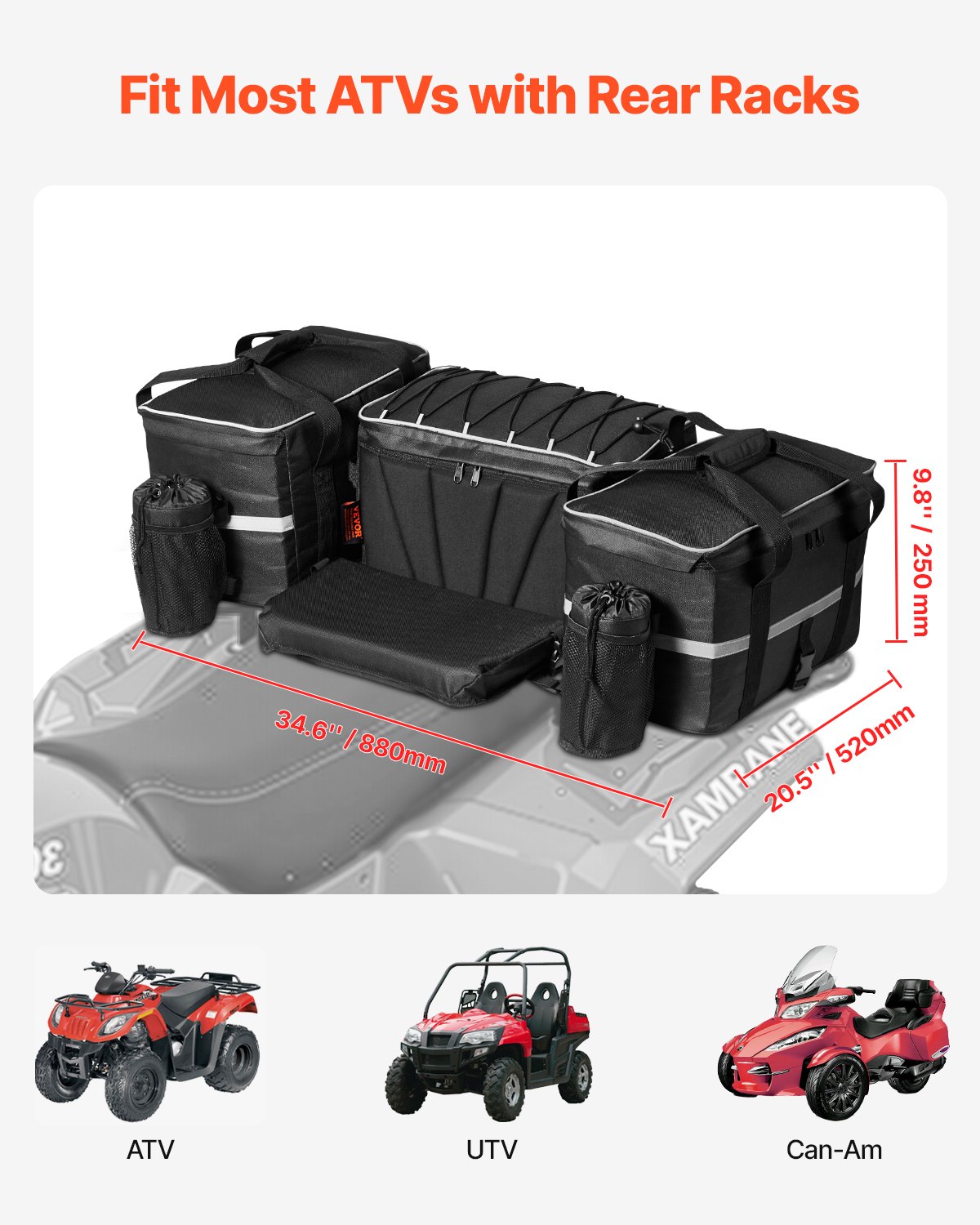 Torba do przechowywania na tył ATV VEVOR, 54-litrowa torba na tylny bagażnik ATV z 16-litrową izolowaną torbą chłodzącą, 600D Oxford Cloth Storage Rear Rack Seat Bag pasuje do większości pojazdów ATV z tylnym bagażnikiem, kompatybilna z pojazdami ATV, UTV, Can-Am