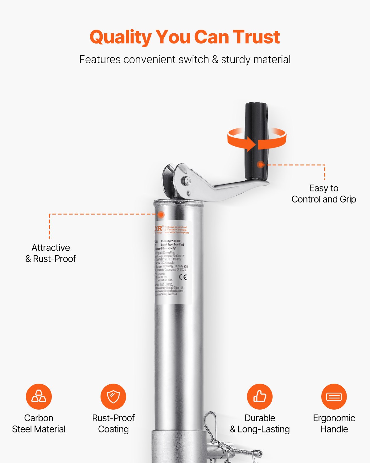 Podnośnik do przyczepy VEVOR 147-507 mm wspornik do przyczepy podróżnej, wspornik obrotowy do przyczepy 907 kg