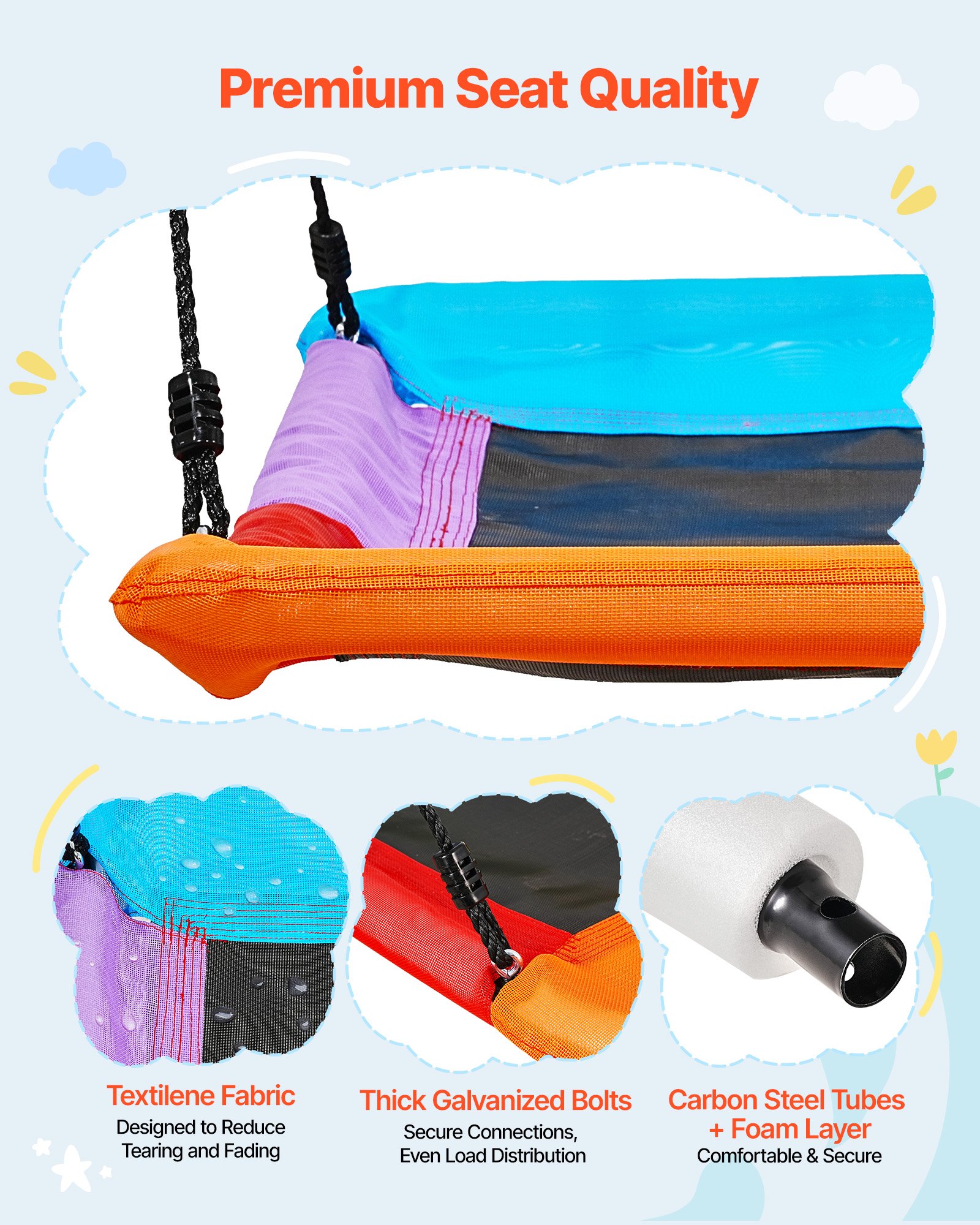 Huśtawka ogrodowa VEVOR z metalową ramą w kształcie litery A, siedzisko huśtawki (150 x 81 cm), nośność do 199,6 kg, zestaw huśtawek ogrodowych, wzmocniona spiralnymi kotwami gruntowymi, kolorowa huśtawka dziecięca