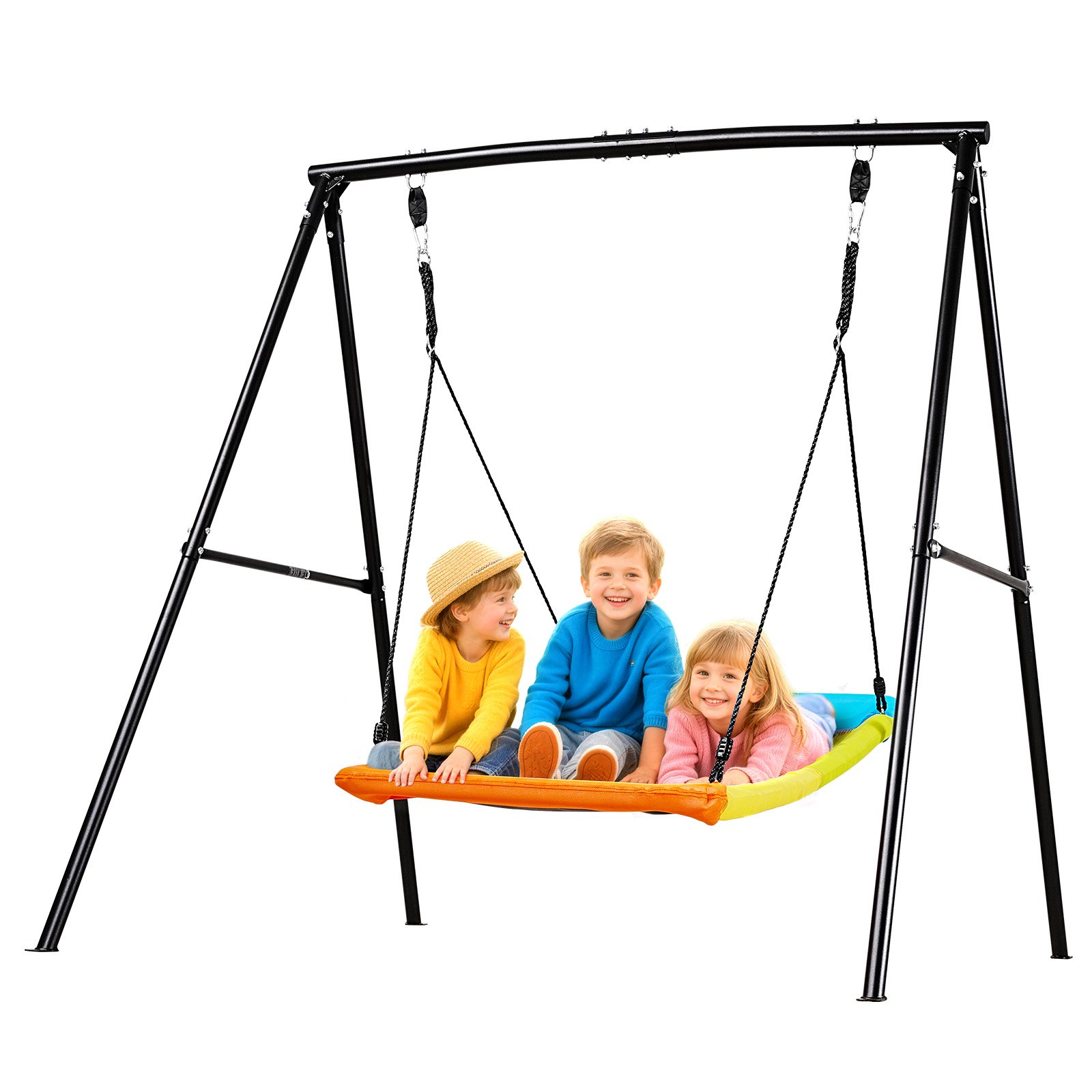 Huśtawka ogrodowa VEVOR z metalową ramą w kształcie litery A, siedzisko huśtawki (150 x 81 cm), nośność do 199,6 kg, zestaw huśtawek ogrodowych, wzmocniona spiralnymi kotwami gruntowymi, kolorowa huśtawka dziecięca