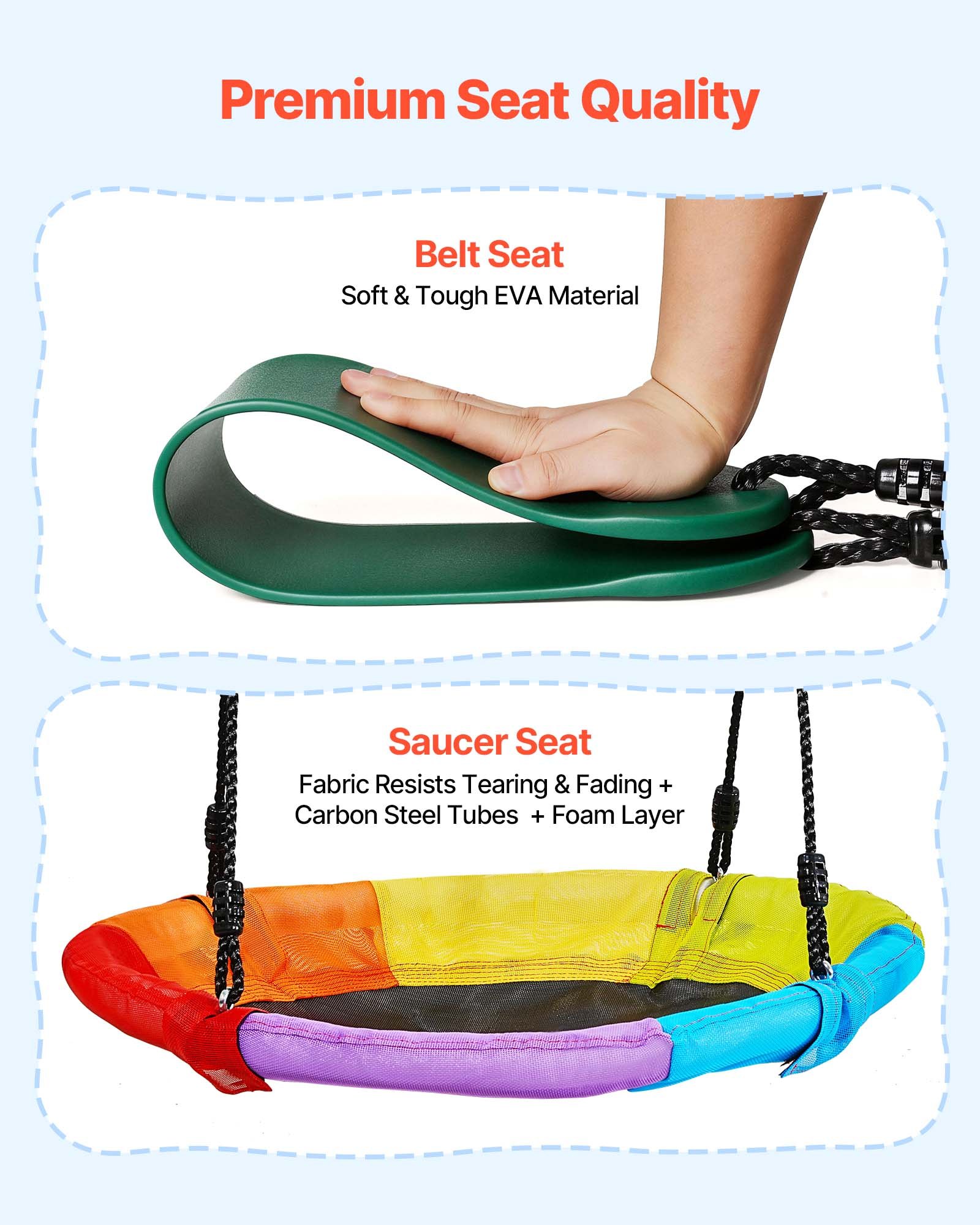 Huśtawka ogrodowa VEVOR z metalową podstawą w kształcie litery A, podwójna huśtawka (1 huśtawka talerzykowa i 1 huśtawka pasowa), nośność do 199,6 kg, zestaw huśtawek zewnętrznych, wzmocniony spiralnymi kotwami gruntowymi