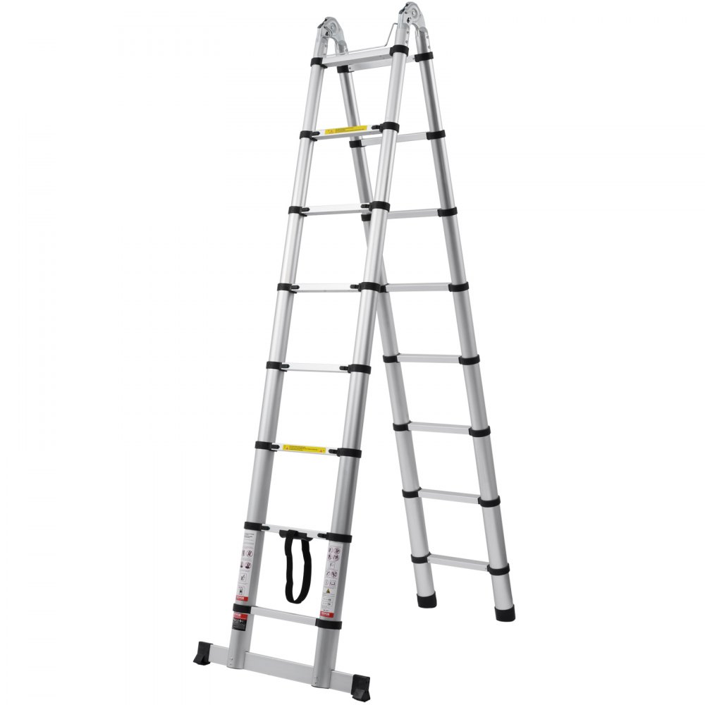 VEVOR Telescopic Ladder, 2.4-5 m, A-frame Aluminum Extension Ladder, Lightweight, Foldable Ladder with Multi-Retraction Mechanism, 170 kg Load Capacity with Stabilizer Bar, Multi-Purpose Ladder for Motorhomes and Campers