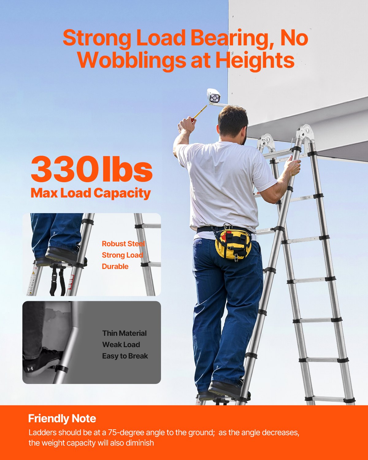 Drabina teleskopowa VEVOR A-Frame, długość 4985 mm, stal nierdzewna, składana, udźwig 150 kg (75°), drabina z drążkiem poziomującym do domu, kampera, strychu