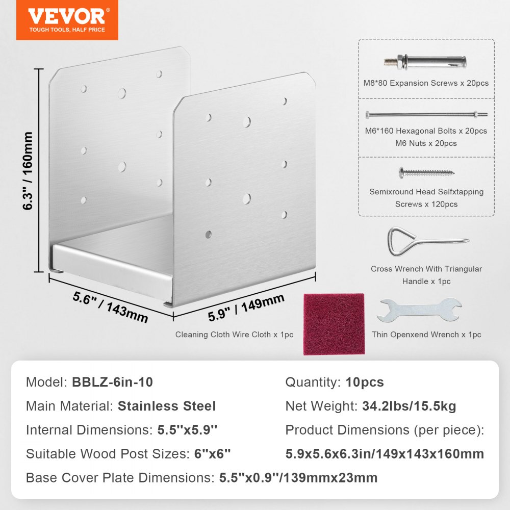 VEVOR 10-częściowy zestaw tulei wkręcanych 149 x 143 x 160 mm, wsporniki słupków ze stali węglowej, słupki, podstawy słupków, tuleje gruntowe, stopy podporowe. Idealny do balustrad werand, pergoli i kolumn.