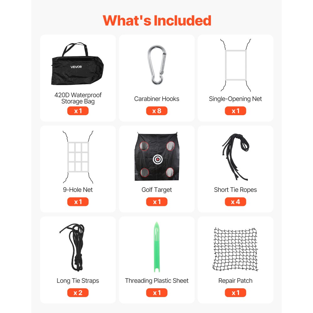 Klatka do gry w golfa VEVOR 305x305x305 cm, klatka do drivingu z 3-warstwową i bezwęzłową tkaniną poliestrową, tarcza do gry w golfa i baseballa z 9 dołkami, siatka treningowa do gry w golfa, siatka do ćwiczeń, do użytku na zewnątrz i wewnątrz